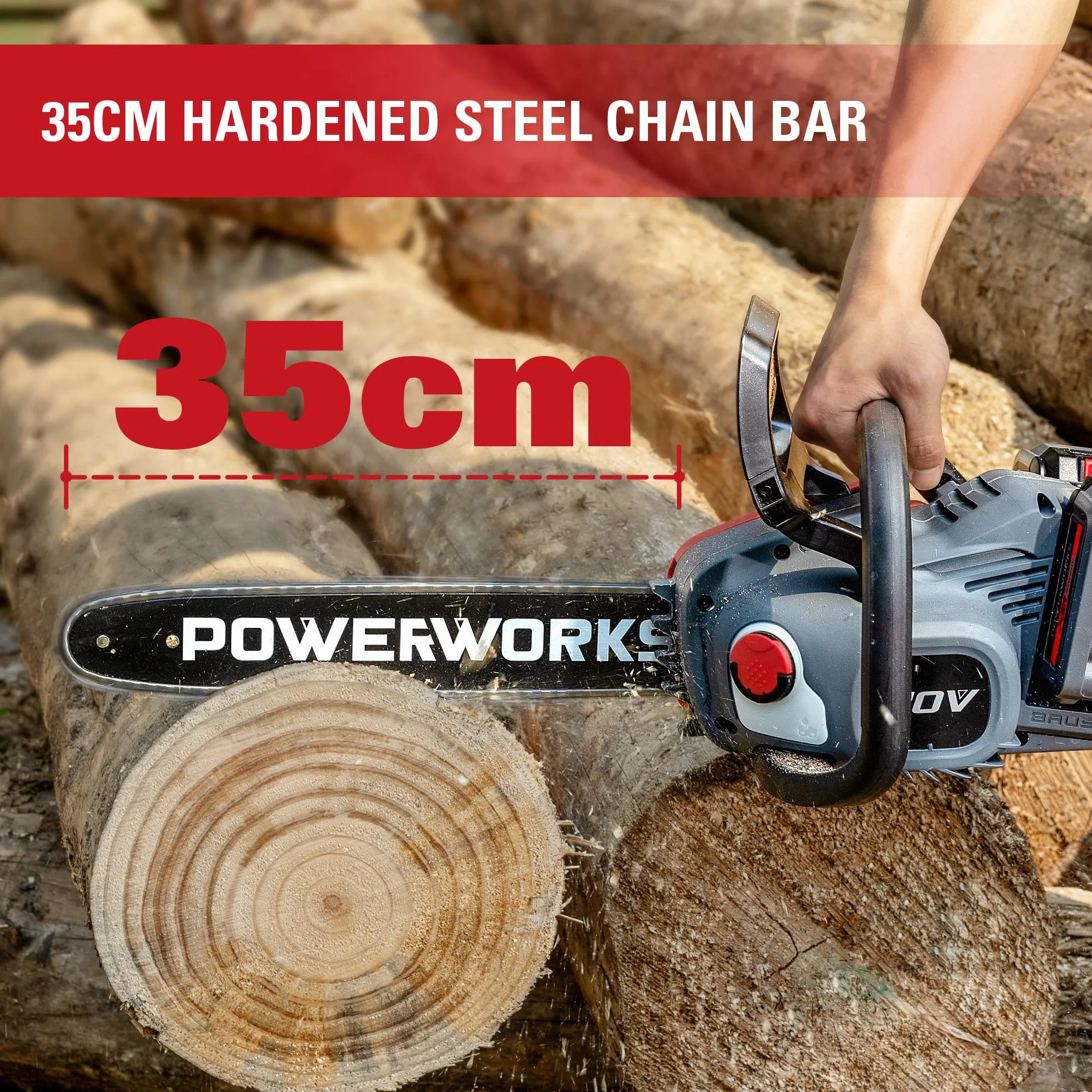 POWERWORKS akumulatorowa piła łańcuchowa 20 V bezszczotkowa 35 cm 4 Ah 2 x akumulator ładowarka
