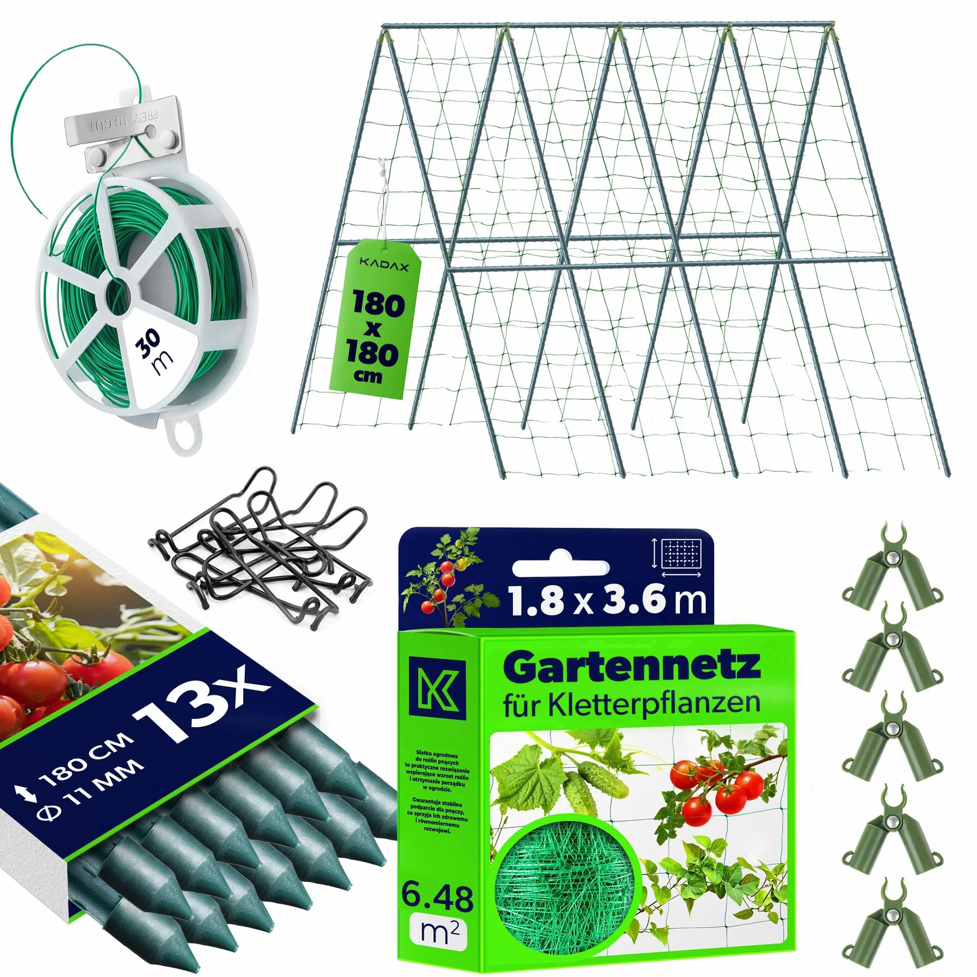 KADAX Zestaw do sadzenia ogórków – 13 x podpora do sadzenia 180 cm, siatka do wspinaczki 1,8 x 3,6 m, 5 x łączniki do sadzenia, 30 m drutu ogrodowego – Podpora do wspinaczki ogórków, Kratka do