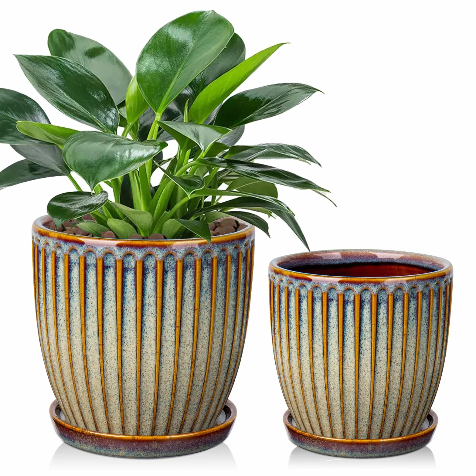 Ceramiczne doniczki Oairse Zestaw 2 sztuk 13 cm 15 cm brązowa z otworami drenażowymi
