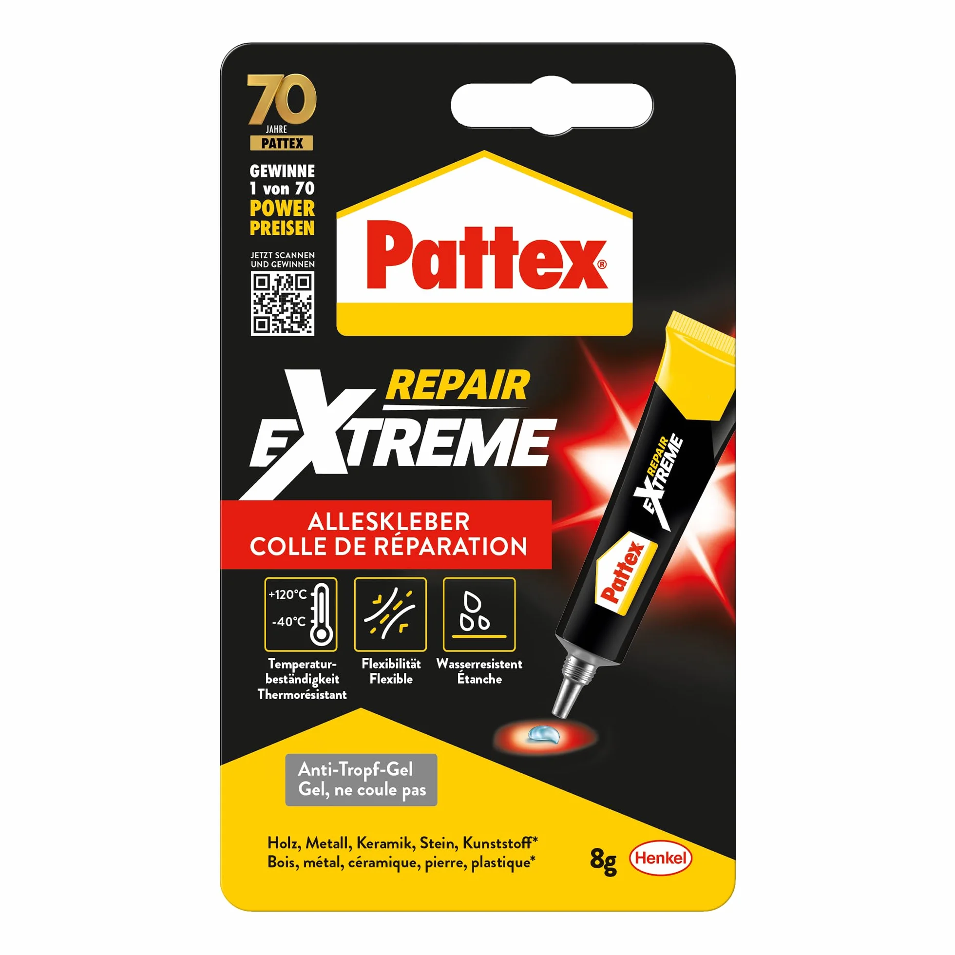 Pattex Repair Extreme, Niekurczący Się i Elastyczny Klej Uniwersalny, Odporny Na Temperaturę, Mocny Do Wewnątrz i Na Zewnątrz, 1x Tuba 8 g