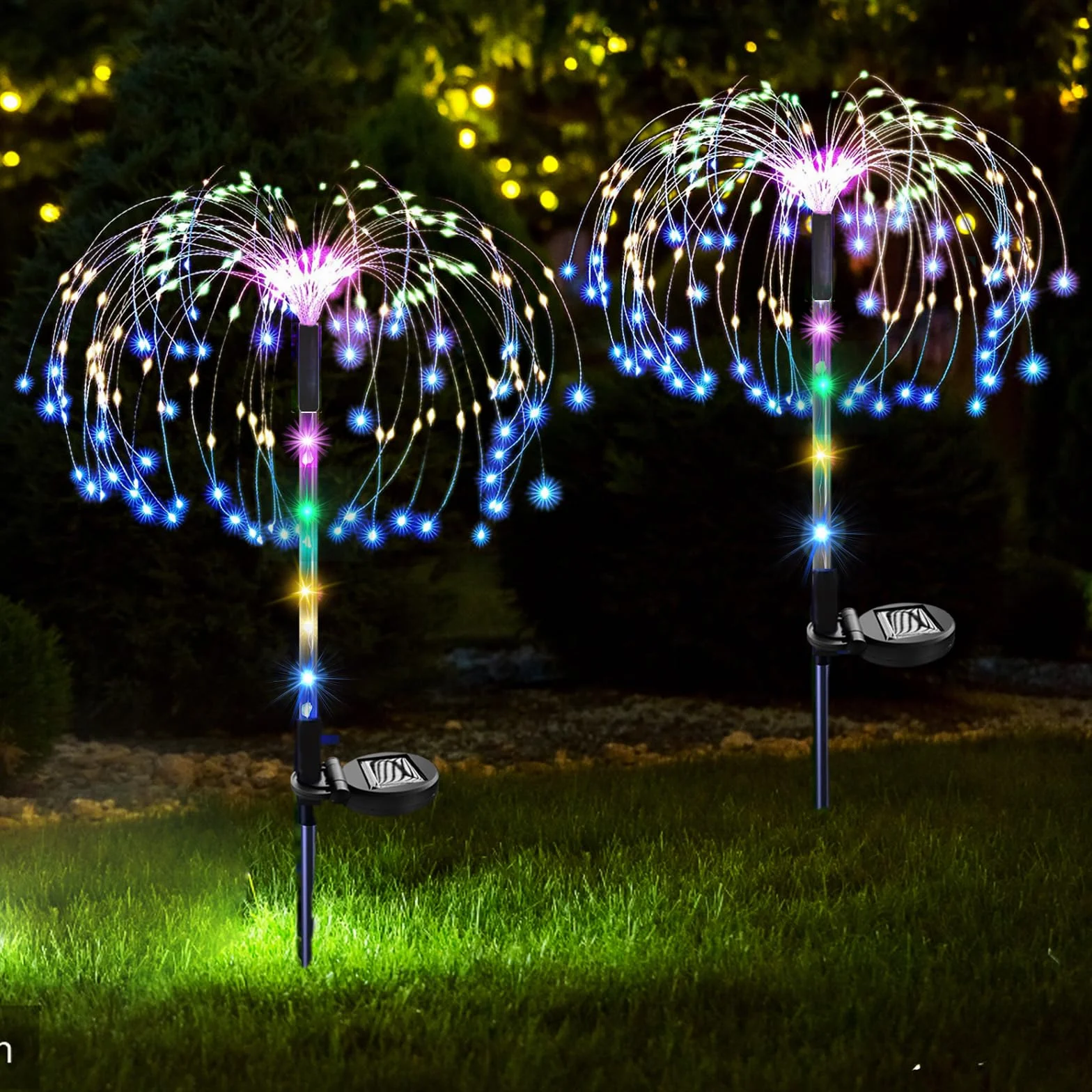 【2 sztuki】 120 diod LED Solarne fajerwerki świetlne, XRR Solarne światła na zewnątrz z migoczącymi kołkami, 2 tryby, ozdoby ogrodowe, światła kulowe typu Starburst do drzew, na taras, na wesele, na