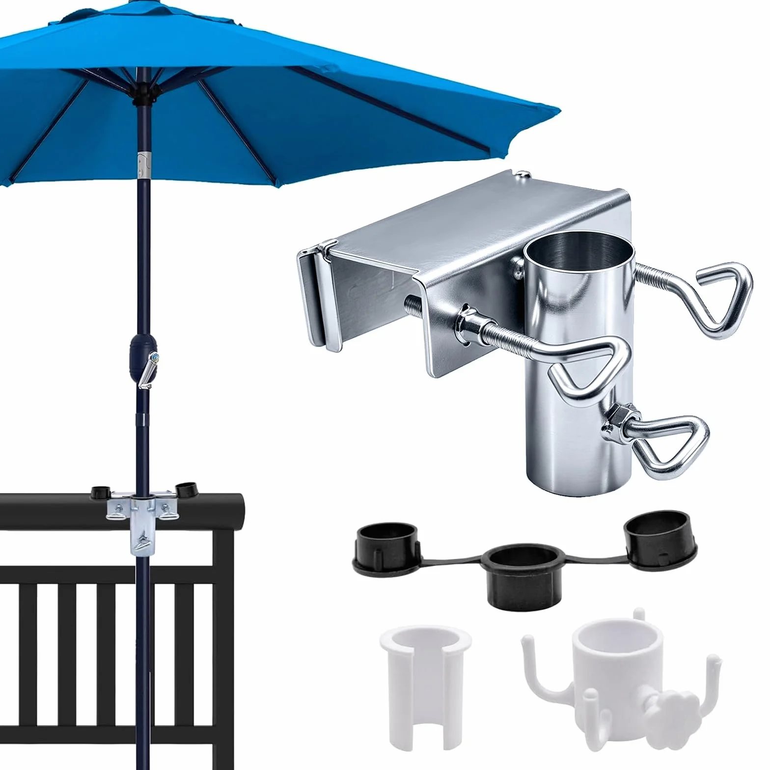 Uchwyt na parasol, poręcz balkonowa, uchwyt na parasol, odpowiedni dla maksymalnej szerokości 5 cm, uchwyt na parasol, wytrzymały uchwyt na parasol balkonowy z regulowanym zaciskiem, do ogrodu