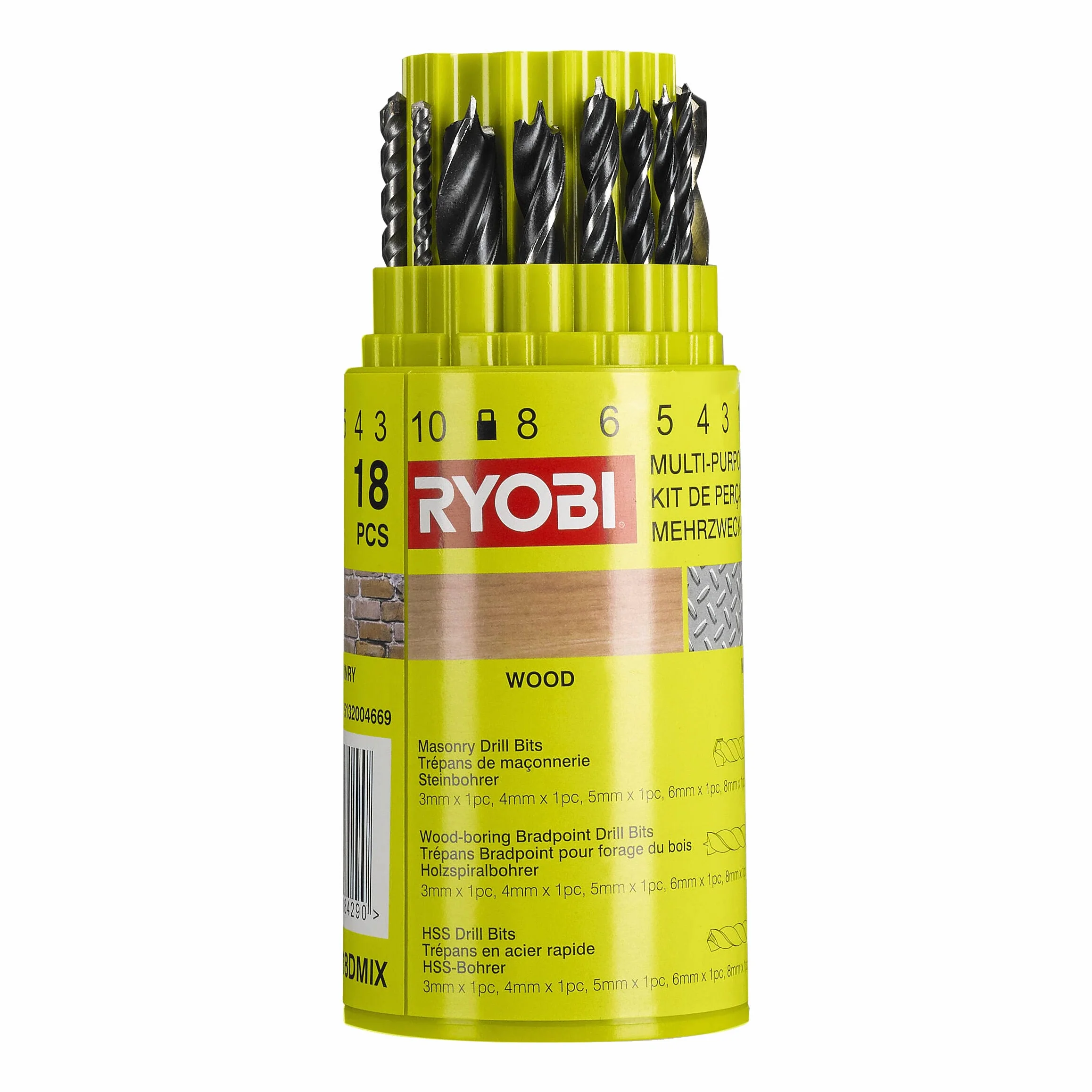 Ryobi Zestaw Wierteł RAK18DMIX, do Wiercenia w Metalu HSS, Drewnie, Tworzywach Sztucznych i Betonie, 18 szt