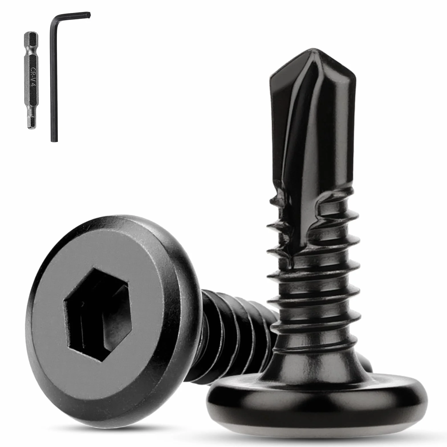 60 sztuk wkrętów samogwintujących ze stali nierdzewnej M5,5 x 16 mm, wkręty do blachy, samogwintujące, 410, wkręty z gniazdem sześciokątnym, wkręty wiertłowe, czarne, ze śrubokrętem, klucz