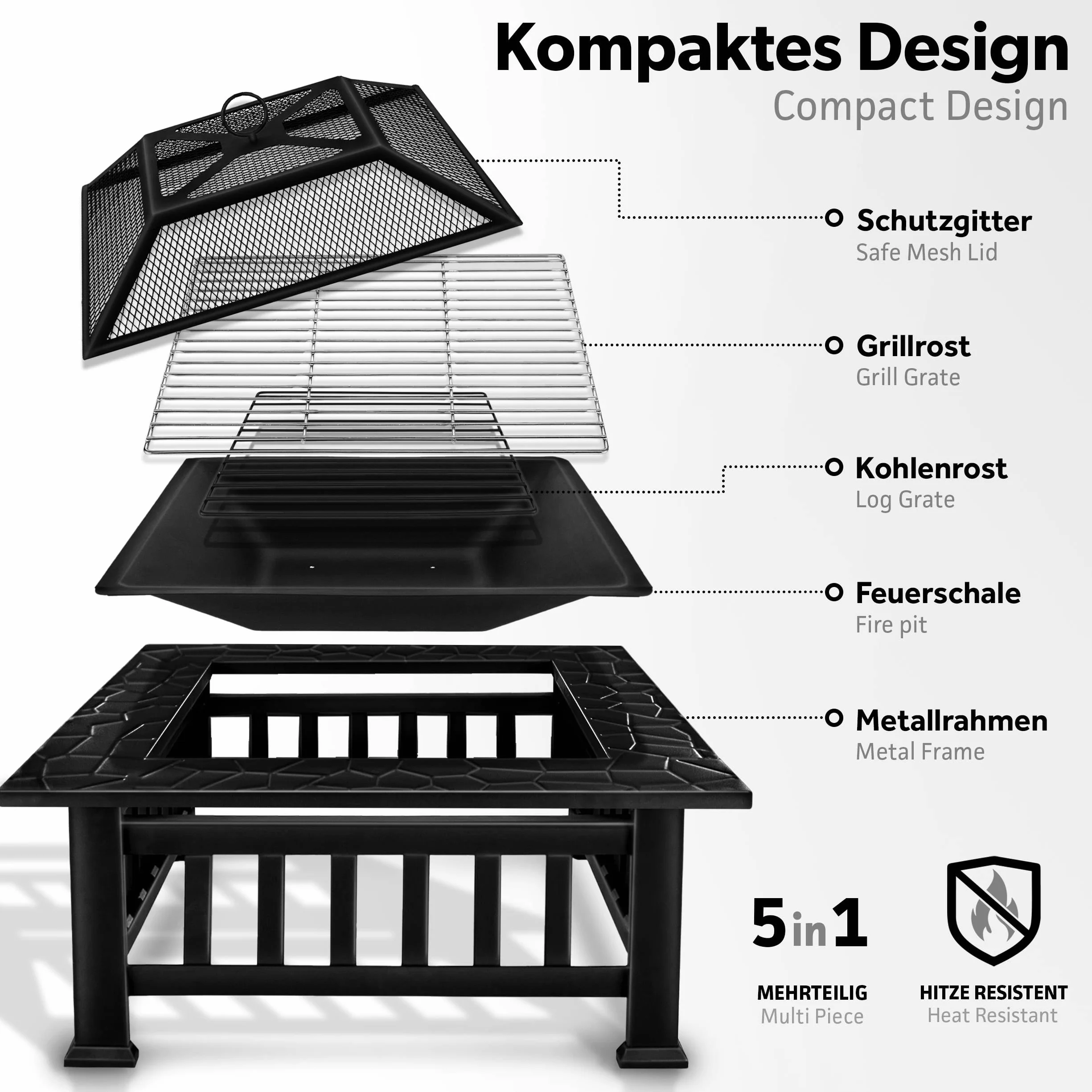 tillvex Palenisko z ochroną przed iskrami i rusztem do grillowania, palenisko do użytku na zewnątrz do ogrodu, grill 3 w 1, z pokrywą, pogrzebaczem, szczypcami i rusztem węglowym (kolor czarny