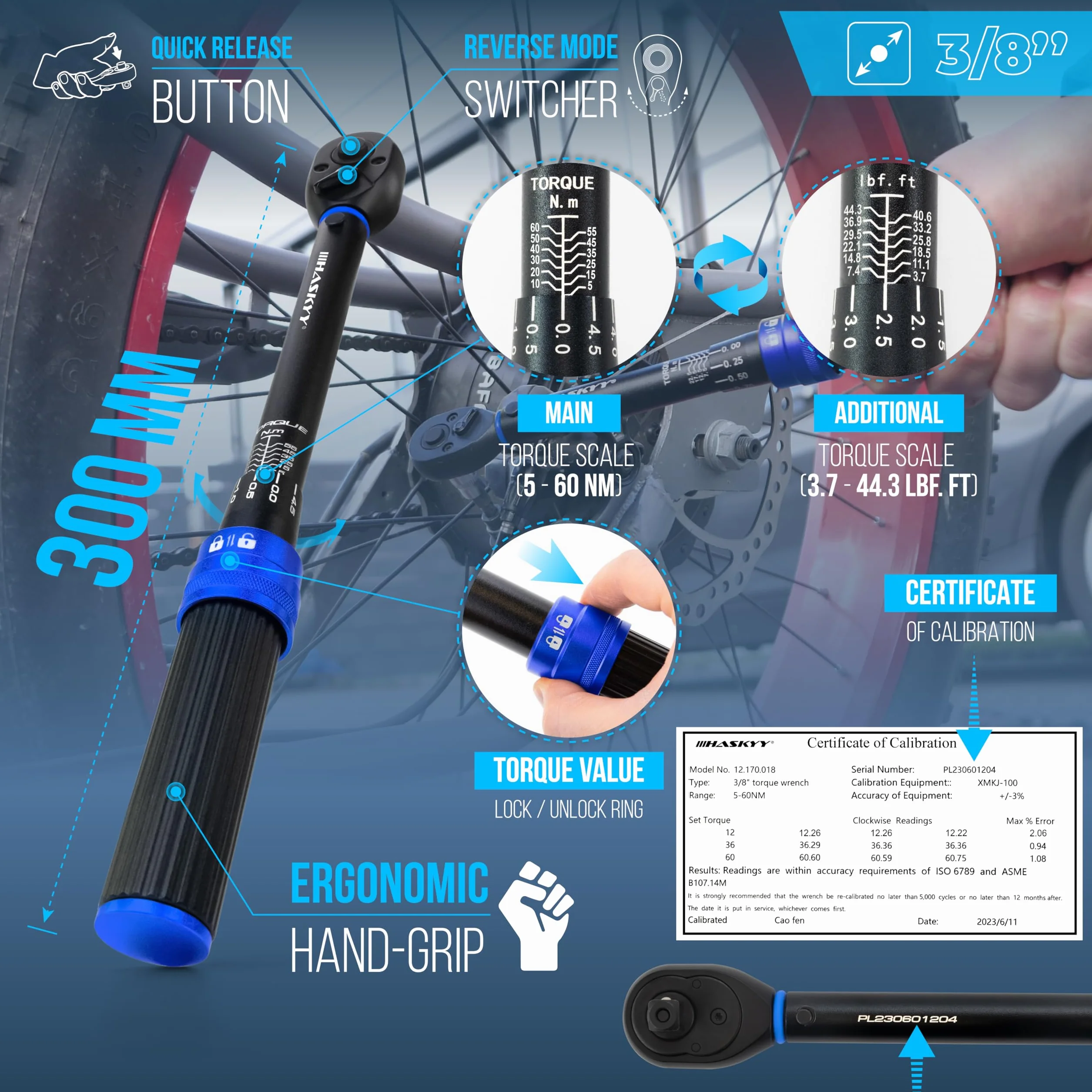 HASKYY Zestaw kluczy dynamometrycznych 3/8" 5-60 Nm do motocykla, drążek przedłużający, bity, nasadki do nakrętek, adaptery - narzędzia serwisowe