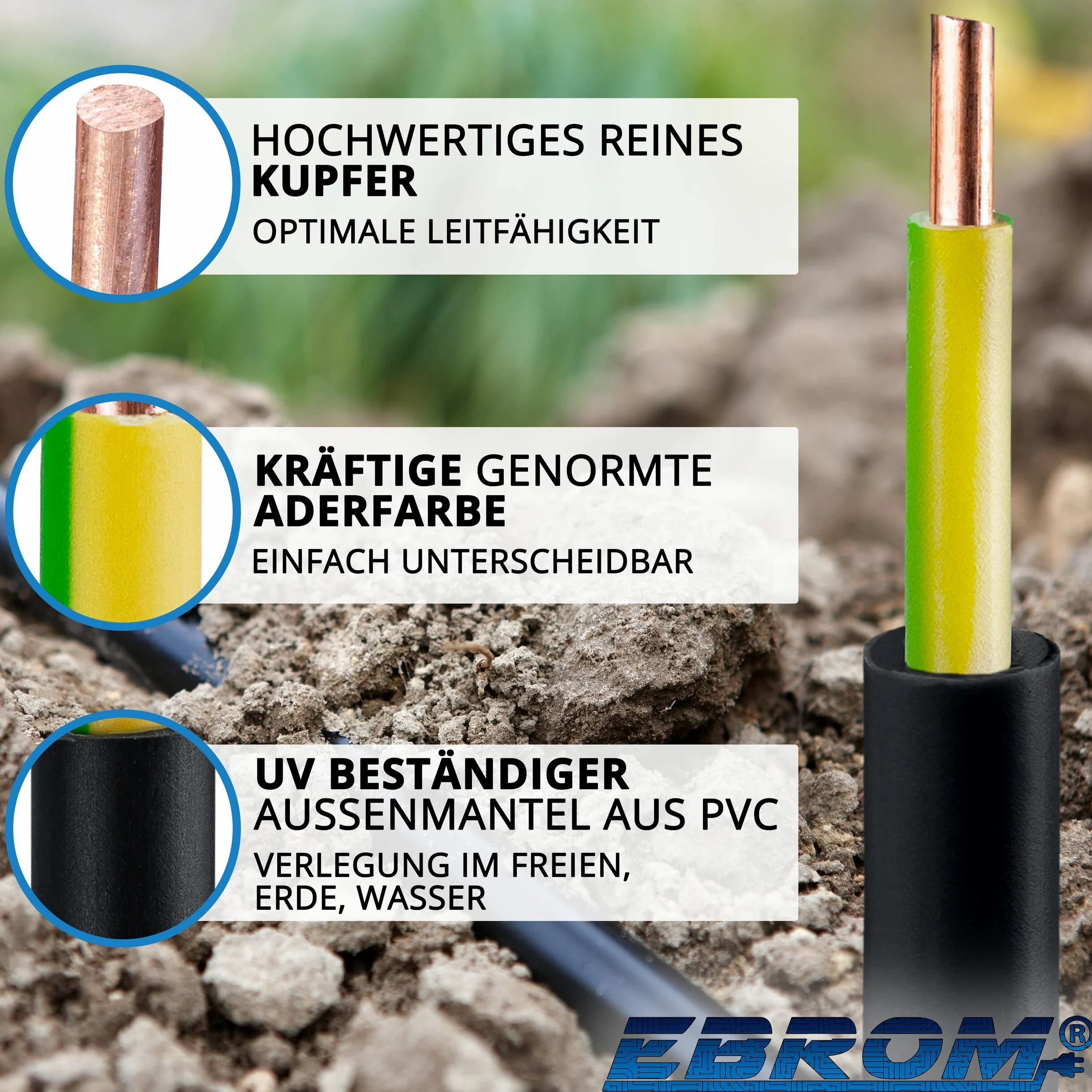 EBROM Kabel uziemiający - kabel ziemny - NYY-J 1x6 mm² - czarny - duży wybór ilości - od 5 m do wyboru - dostarczany w jednej długości - Twoja długość: 20 metrów