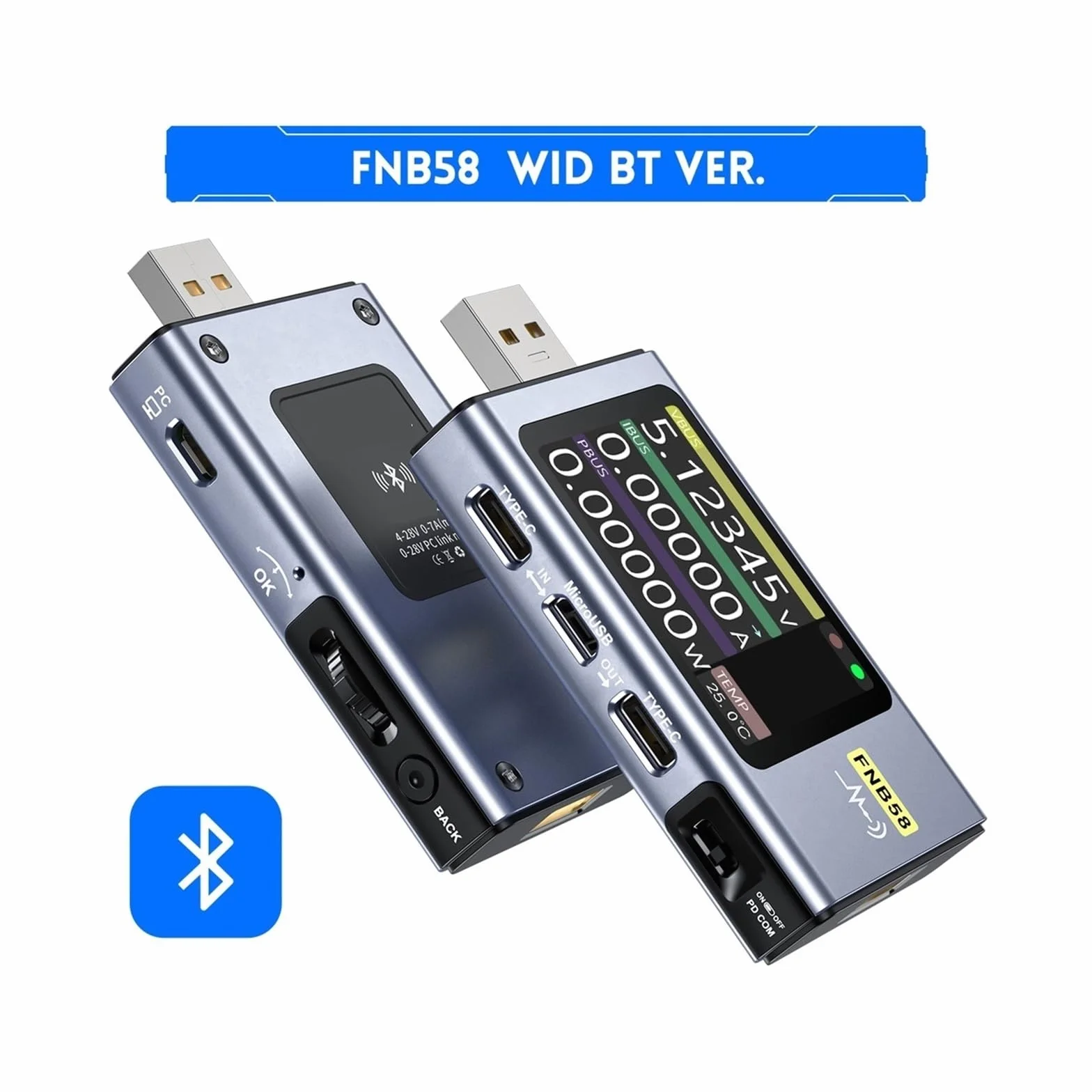 Multimetr, FNB58 Woltomierz cyfrowy Amperomierz Woltomierz prądu Tester USB Wskaźnik napięcia Profesjonalne narzędzia dla elektryków(Without Bluetooth)