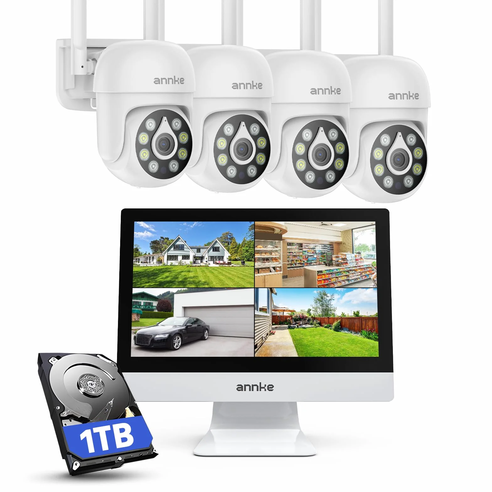 ANNKE Zestaw kamer do monitoringu zewnętrznego, WLAN z monitorem 12", 10CH 1TB HDD NVR | 4 x 3K 5 MP 360° PTZ kamery WiFi, 2-drożne audio, alarm Spotlight, noktowizor, monitorowanie ruchu, nagrywanie 24/7