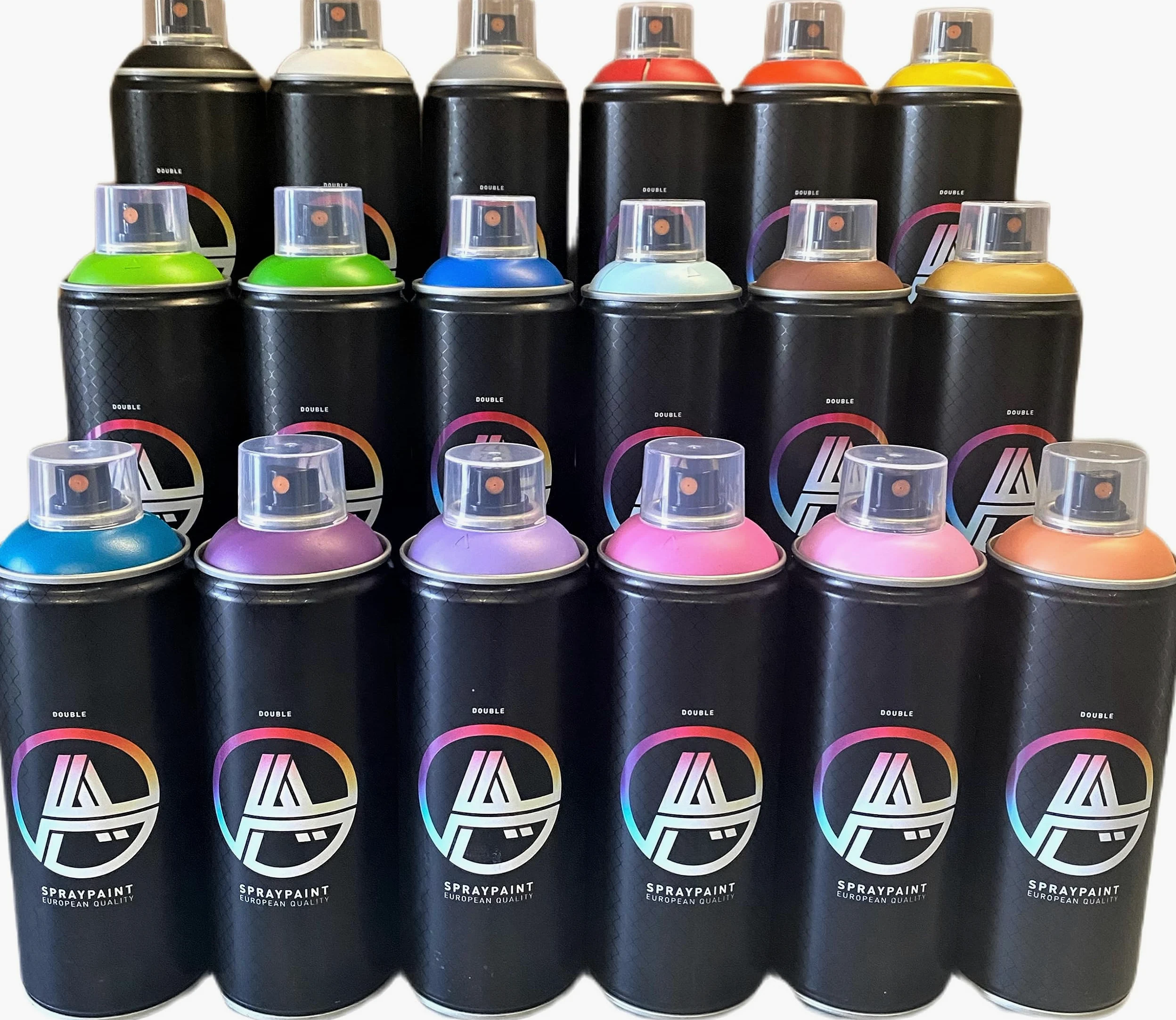 KLAMOTTEN STORE Zestaw 18 podwójnych puszek z rozpylaczem – wysoko kryjący lakier w sprayu – szybkoschnący, możliwość natychmiastowego zamalowania, jedwabisty matowy + zapasowe nasadki + ołówek