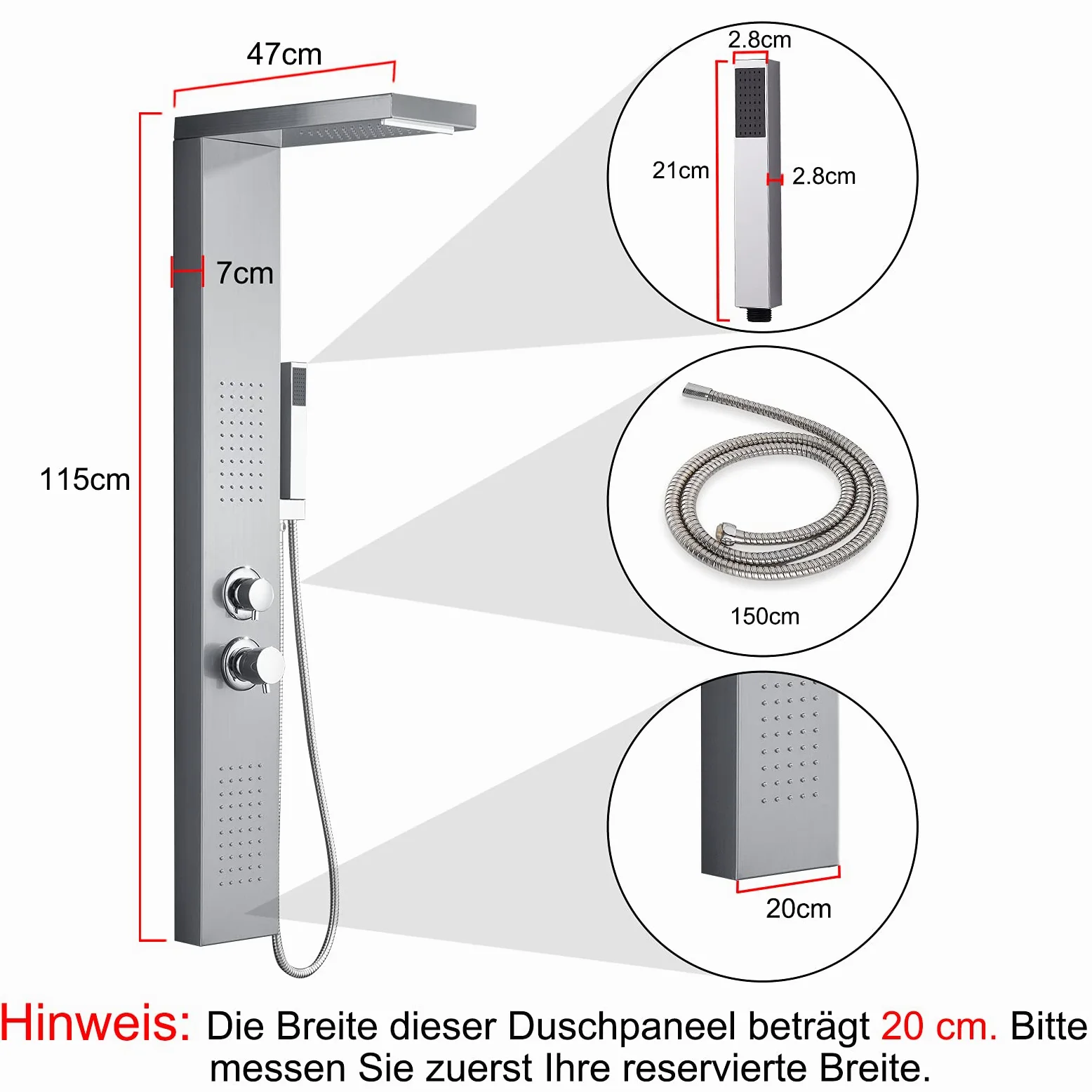 HENGMEI Zestaw wykończenia do wanny i prysznica ze stali szlachetnej, panel prysznicowy, zestaw prysznicowy z termostatem, armatura prysznicowa z deszczownicą, prysznicem masażującym, prysznicem