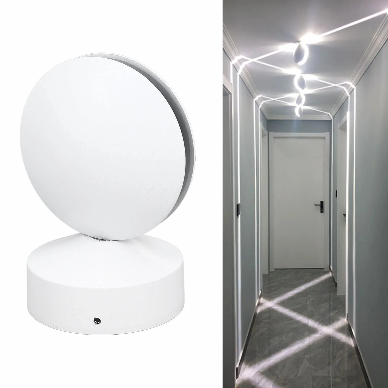 Kinkiet LED, 10W AC85-265V Okrągła ścienna RGB, 360 Stopni świecąca Parapetowa Rama Drzwi Wiązka Ray Line Kinkiet do Przedpokoju Przejście Patio Łazienka Salon(Białe światło)
