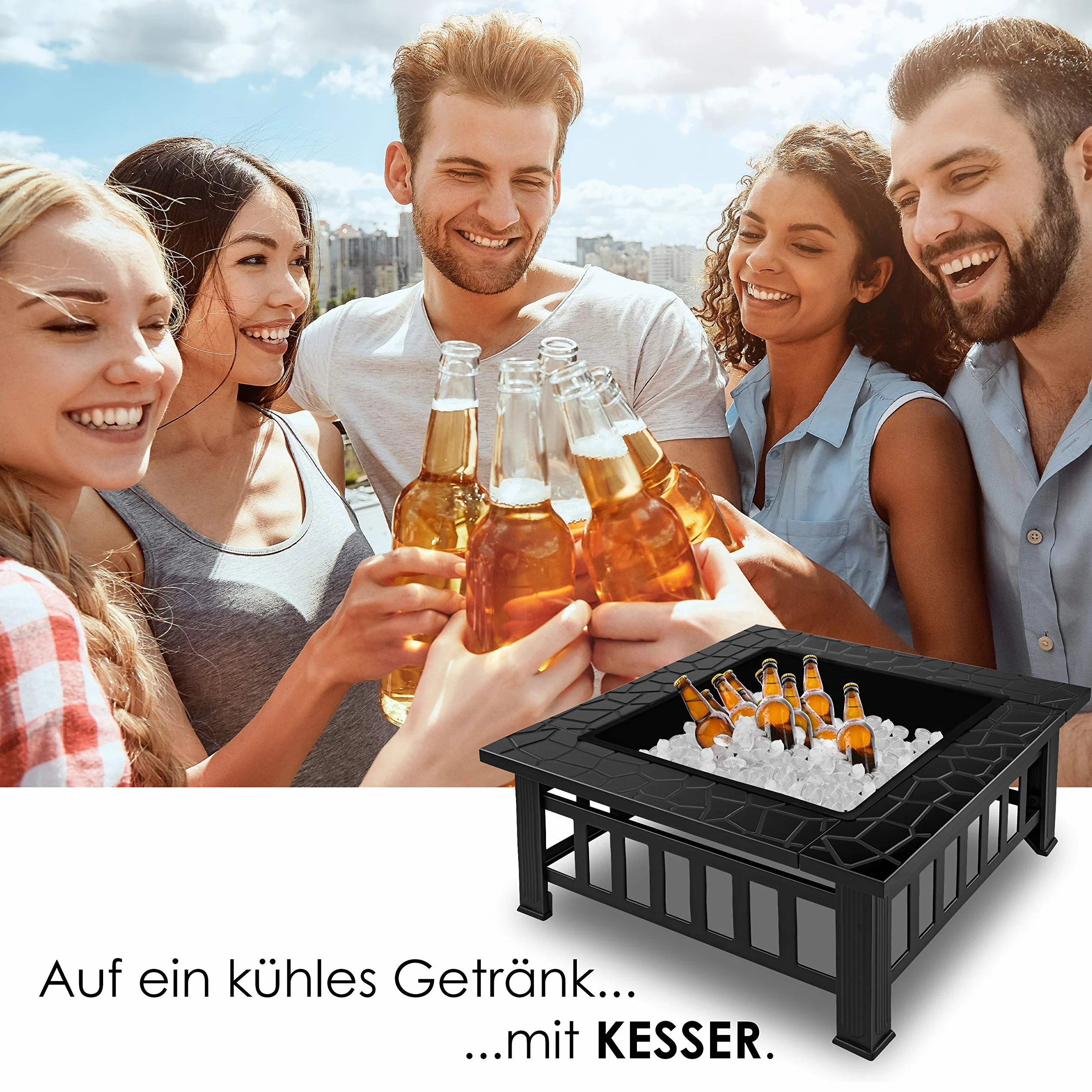 KESSER® Palenisko z rusztem do grillowania i szczypcami do grilla, koksownik 82 x 82 x 50 cm, 3 w 1, do ogrzewania/BBQ, do ogrodu, na taras, metalowy kosz z pokrowcem ochronnym, ochrona przed iskrami