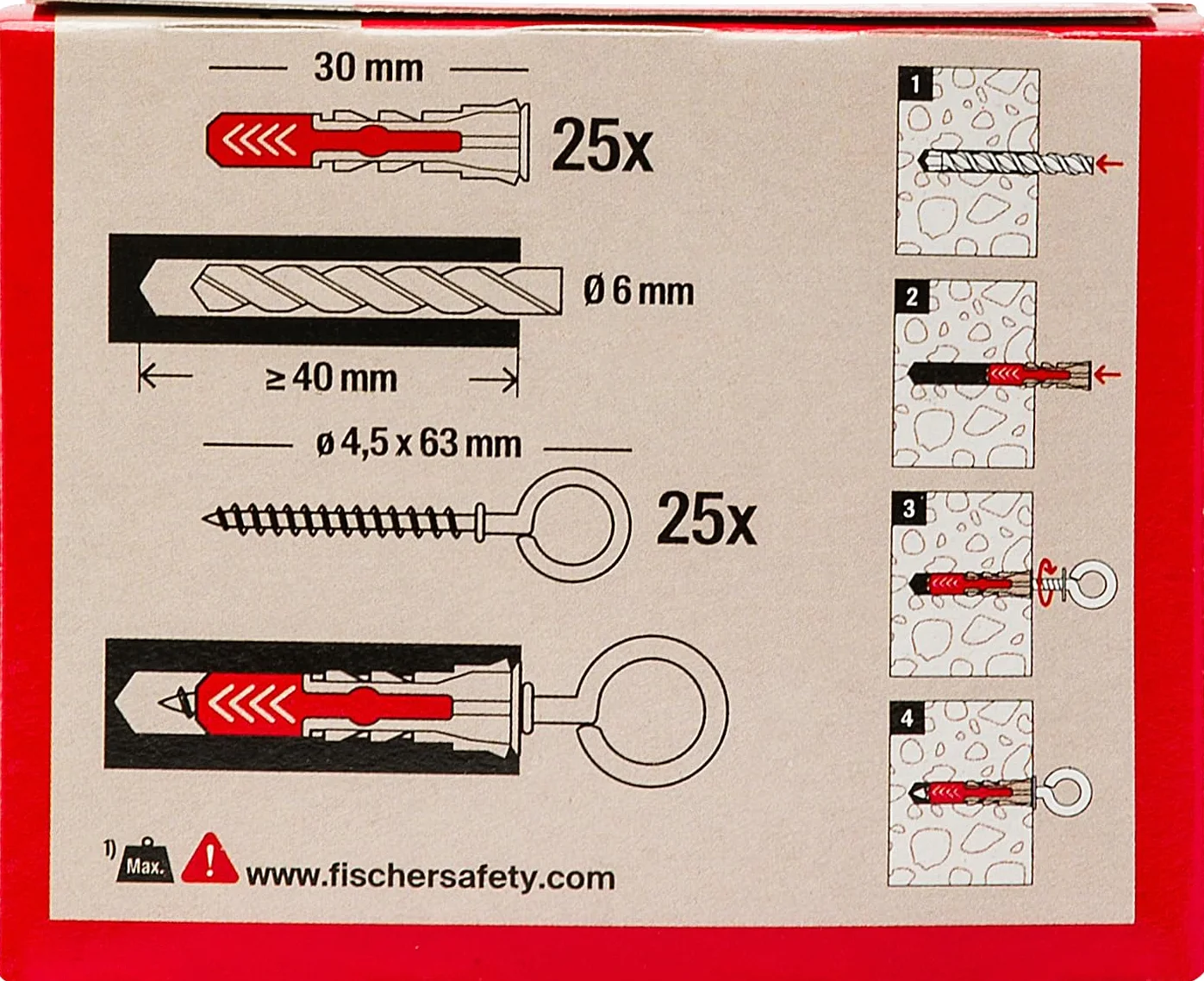 Fischer 541745 kołek rozporowy z zamkniętym oczkiem Duopower, szary/czerwony, 25 pz, sztuka