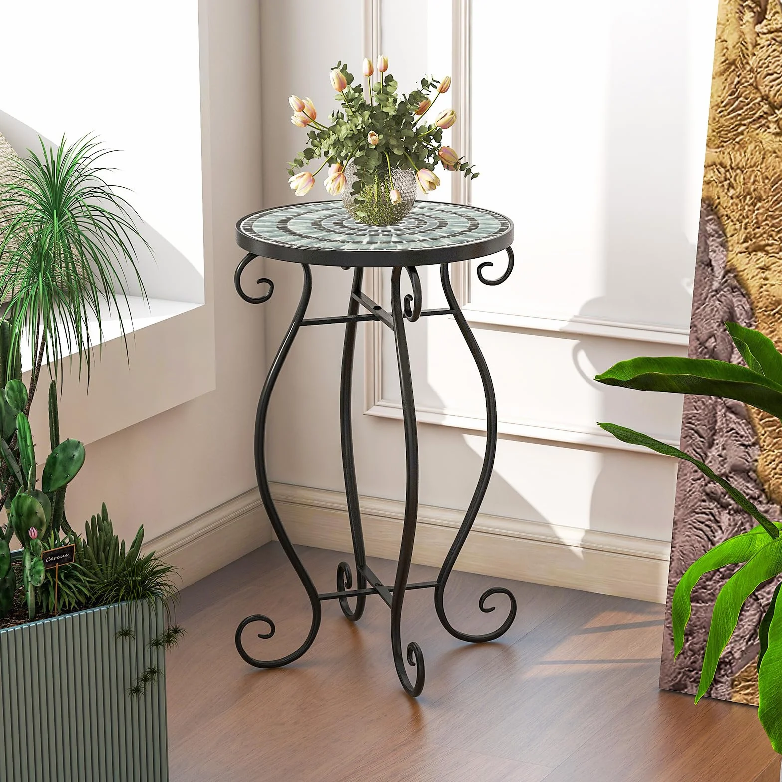 COSTWAY Stolik pomocniczy, okrągły stół mozaikowy, stół ogrodowy, bistro, Ø 30 x 50 cm, stół balkonowy z metalu i ceramiki, taboret na kwiaty, na balkon, taras, do ogrodu (czarno-szary)