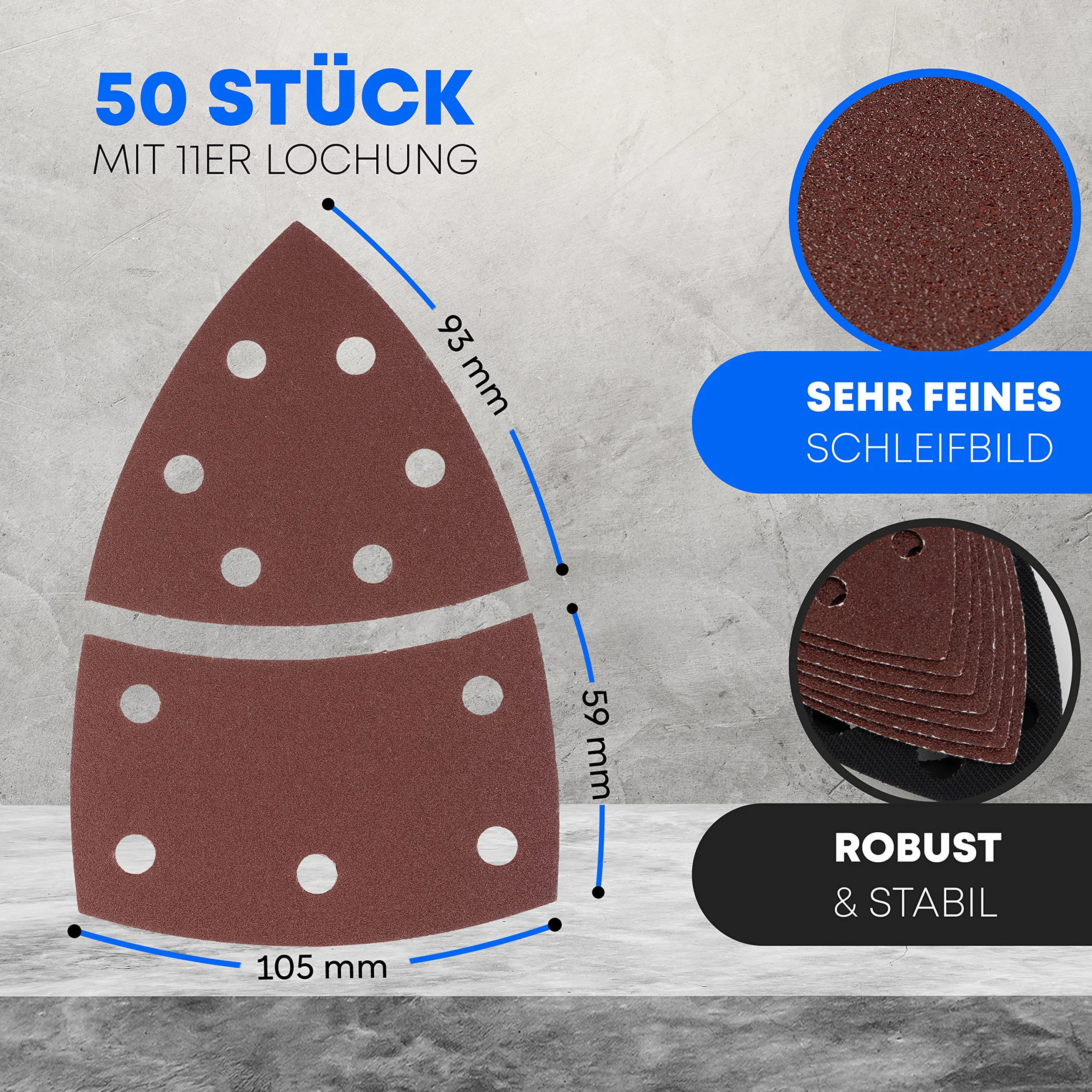 50 sztuk/trójkąty szlifierskie Prio / 11-otworowe / 105 x 152 mm/ziarnistość 80 / do szlifierek szlifierskich / trójkątnych podkładek szlifierskich / papieru ściernego
