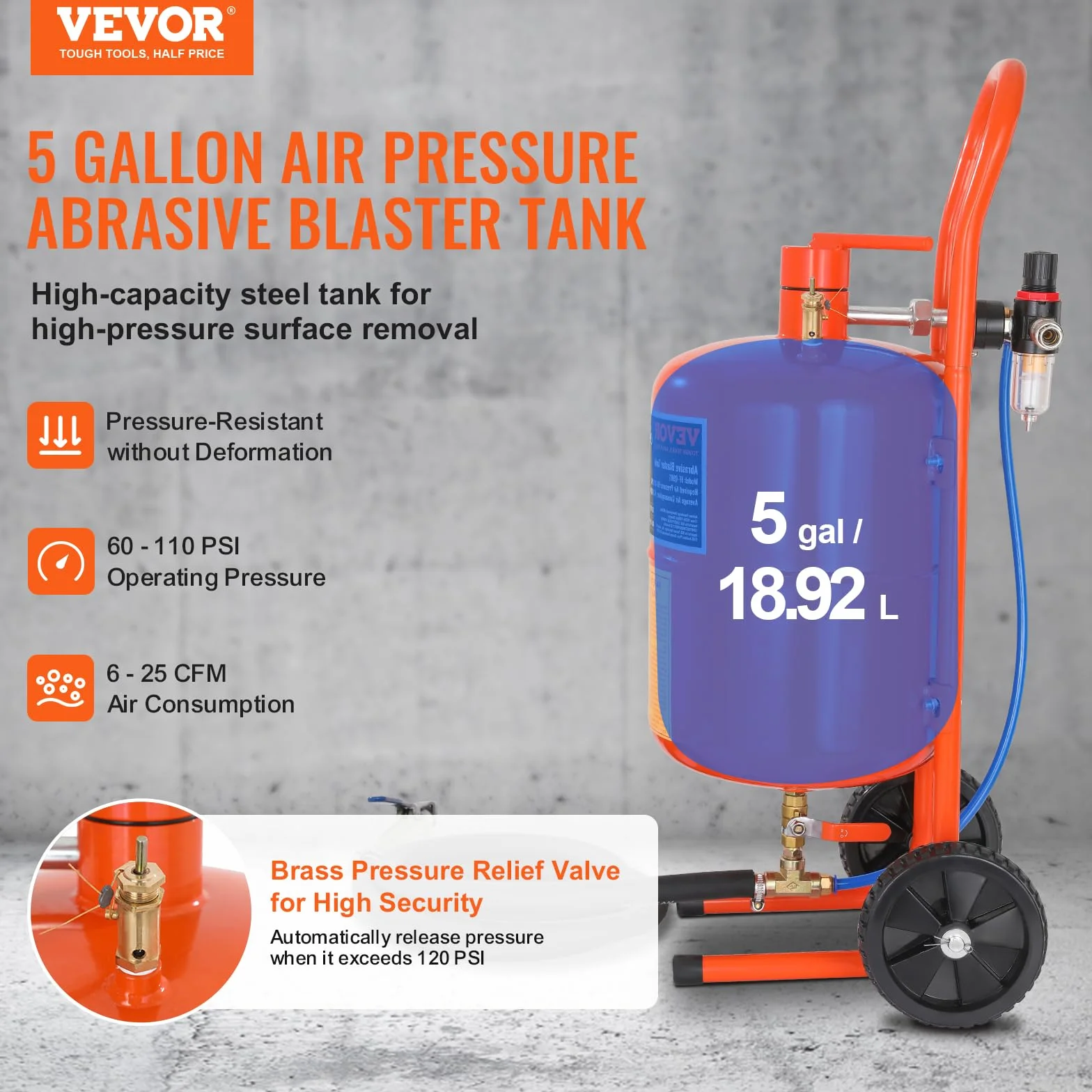 VEVOR Przenośna piaskarka 18,92 l, piaskarka 243,84 cm, wąż roboczy, piaskarka, ciśnienie robocze 60-110 psi, idealne do usuwania rdzy, farby, plam i polerowania dużych powierzchni