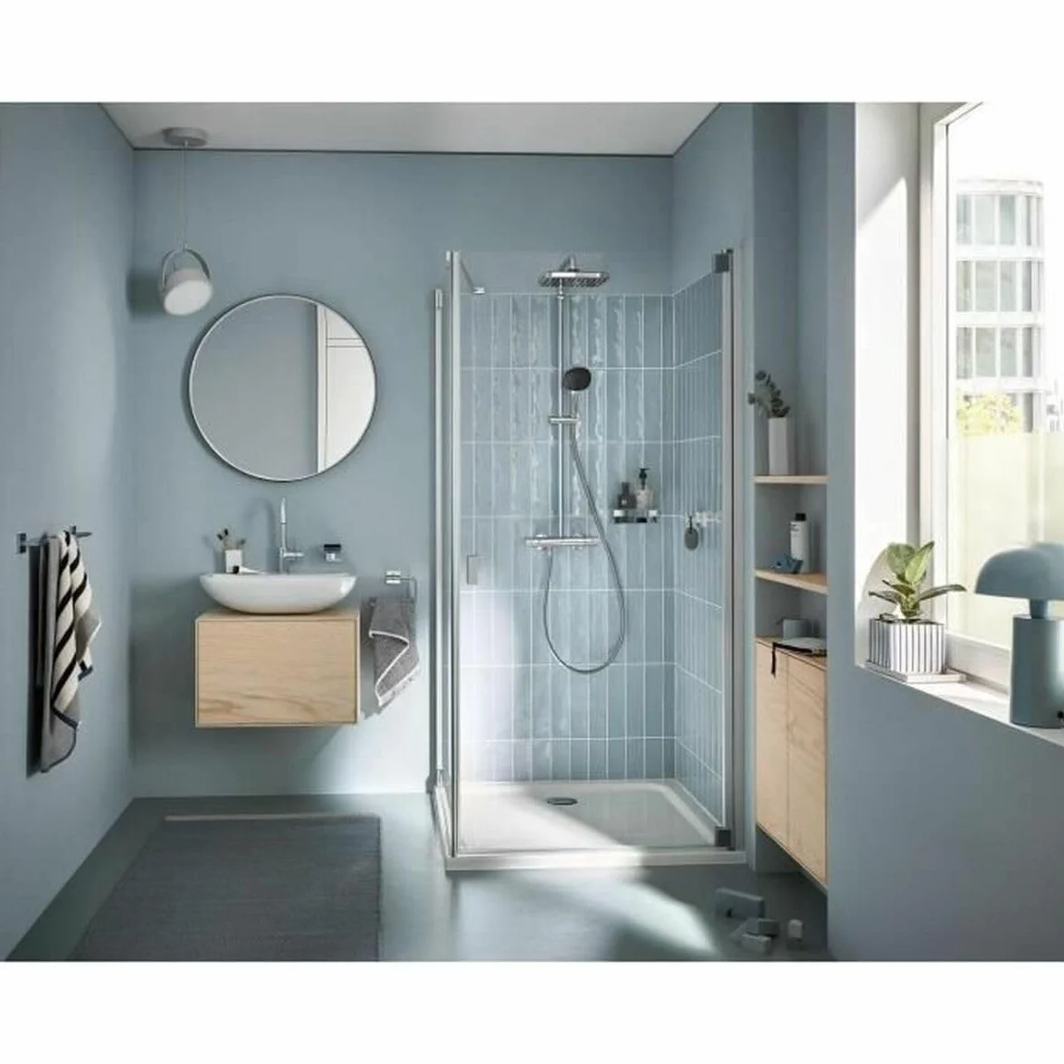 GROHE Vitalio 250 – system prysznicowy oszczędzający wodę – 8 l na min (2 rodzaje strumienia, obrotowe ramię prysznicowe, blokada bezpieczeństwa przy 38C, system zapobiegający osadzaniu się kamienia),