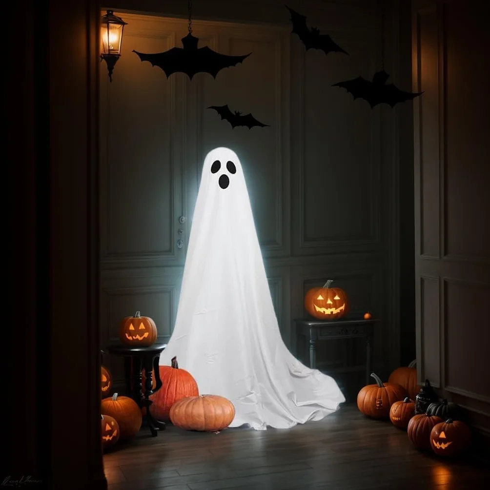 dekoracja na Halloween, stojący duch ze światłami, 165 cm, podświetlane, białe duchy dla podwórek, werandy, trawników, domów, imprez, Spooky Ghosts