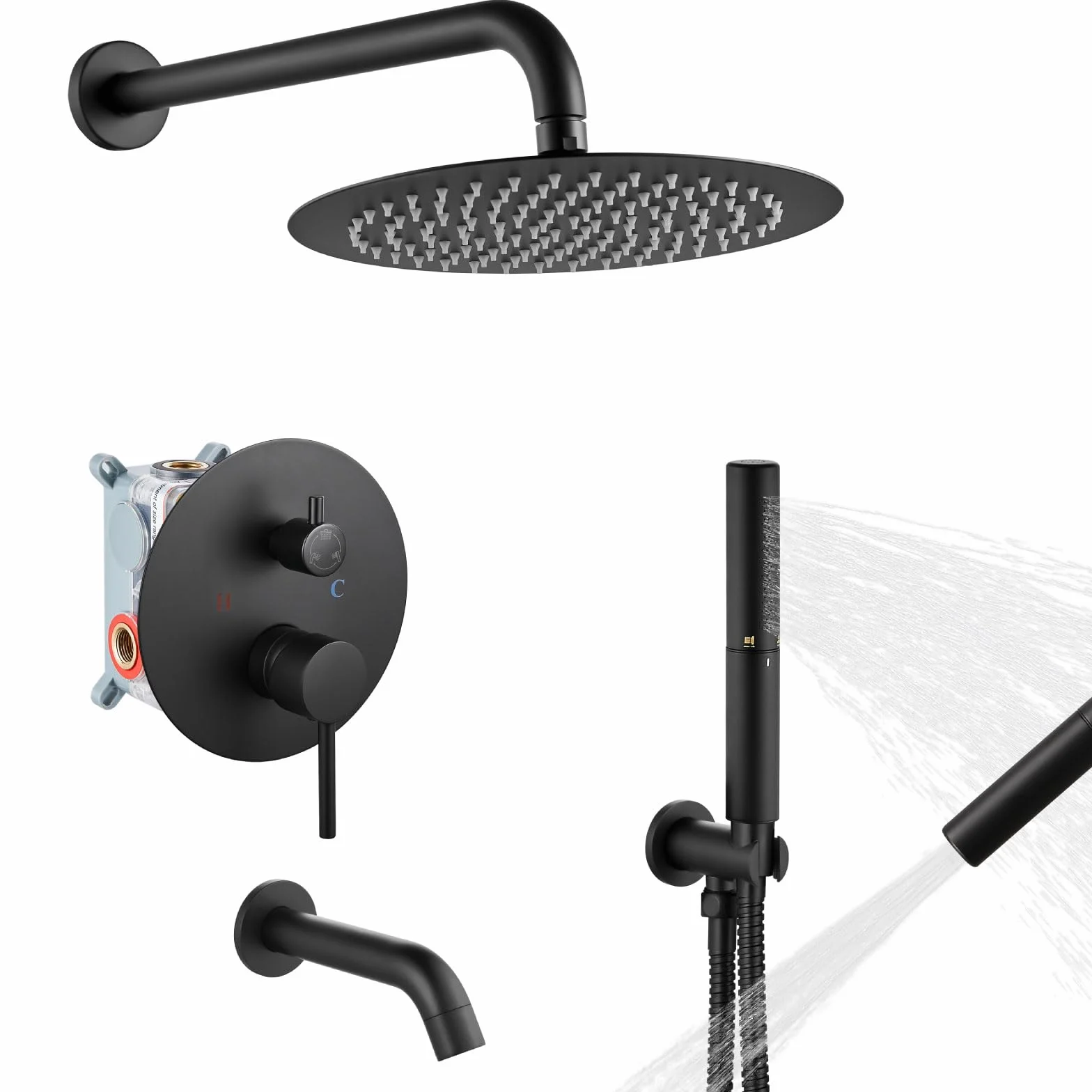 Airuida Zestaw systemu prysznicowego, matowa czarna 25 cm, głowica prysznicowa z 2 funkcjami, ręczny uchwyt ścienny, 3-funkcyjny wylewka wanna, prysznic, zestaw kompletny osprzętu