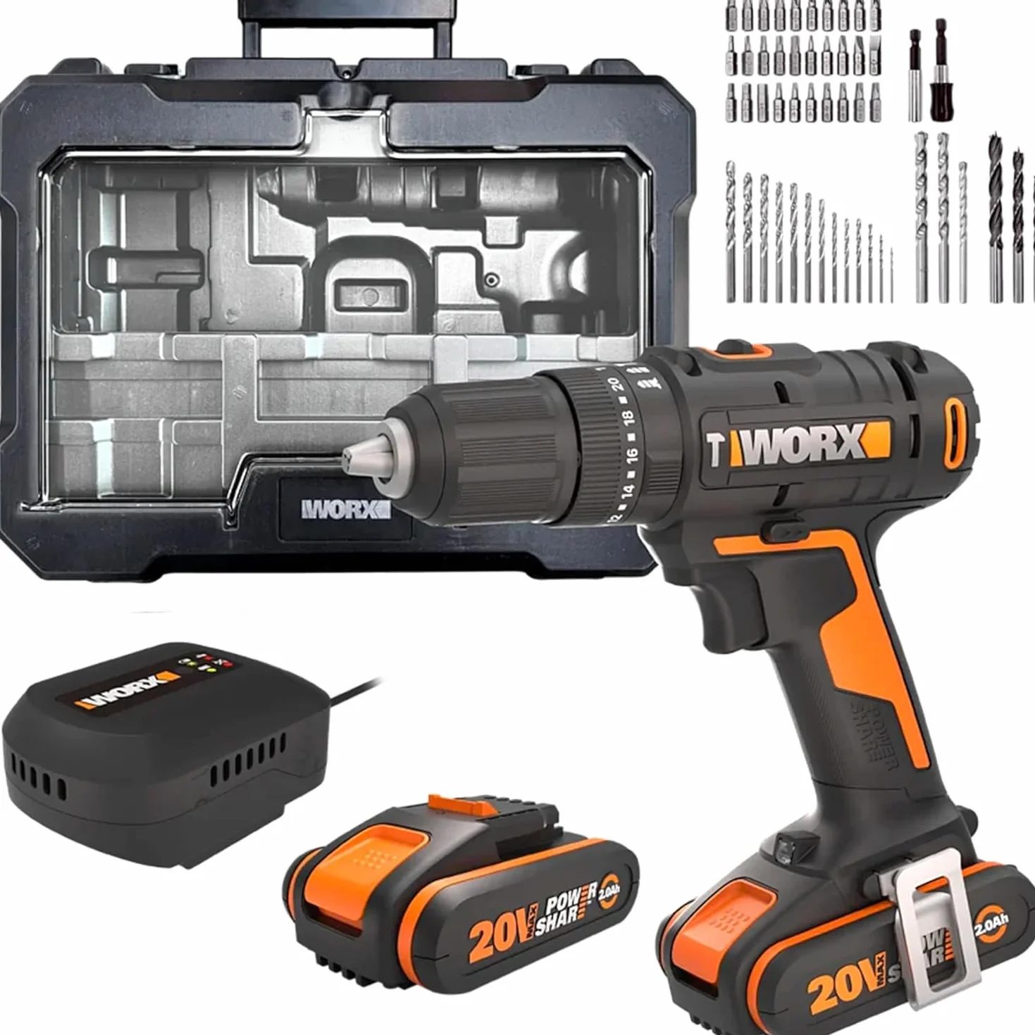 WORX WX370.2 akumulatorowa wiertarka udarowa 20 V, 3 w 1, maksymalny moment obrotowy 50 Nm, uchwyt 13 mm (wielofunkcyjny, 2 prędkości, lekka i ergonomiczna, z 1 baterią, ładowarką, zestaw 51