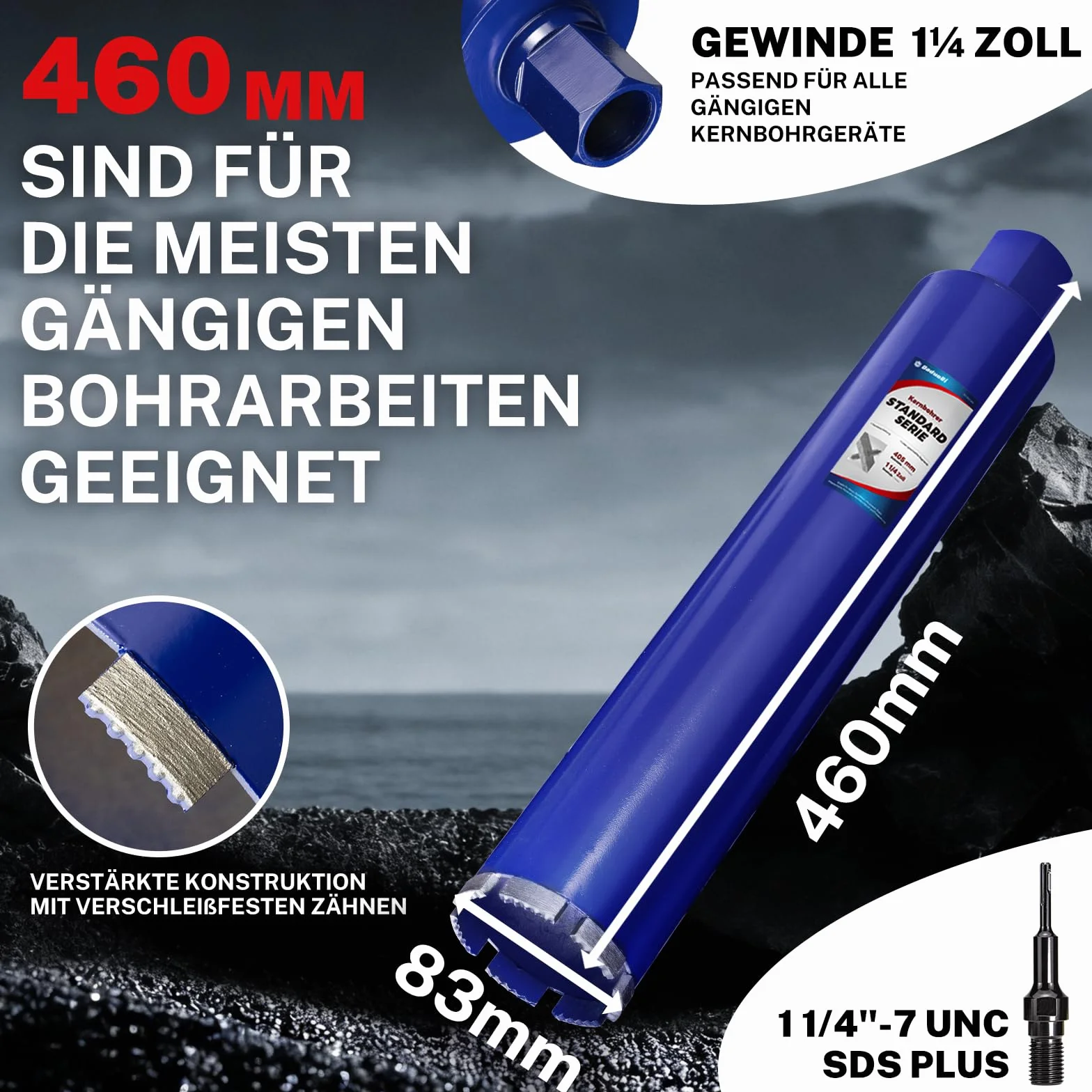 Wiertło rdzeniowe 83 mm z SDS Plus (1-1/4 cala) – głębokość cięcia 410 mm – wiercenie na mokro diamentowa koronka wiertnicza do zbrojonego betonu, kamienia, cegły, muru (łącznie 460 mm)