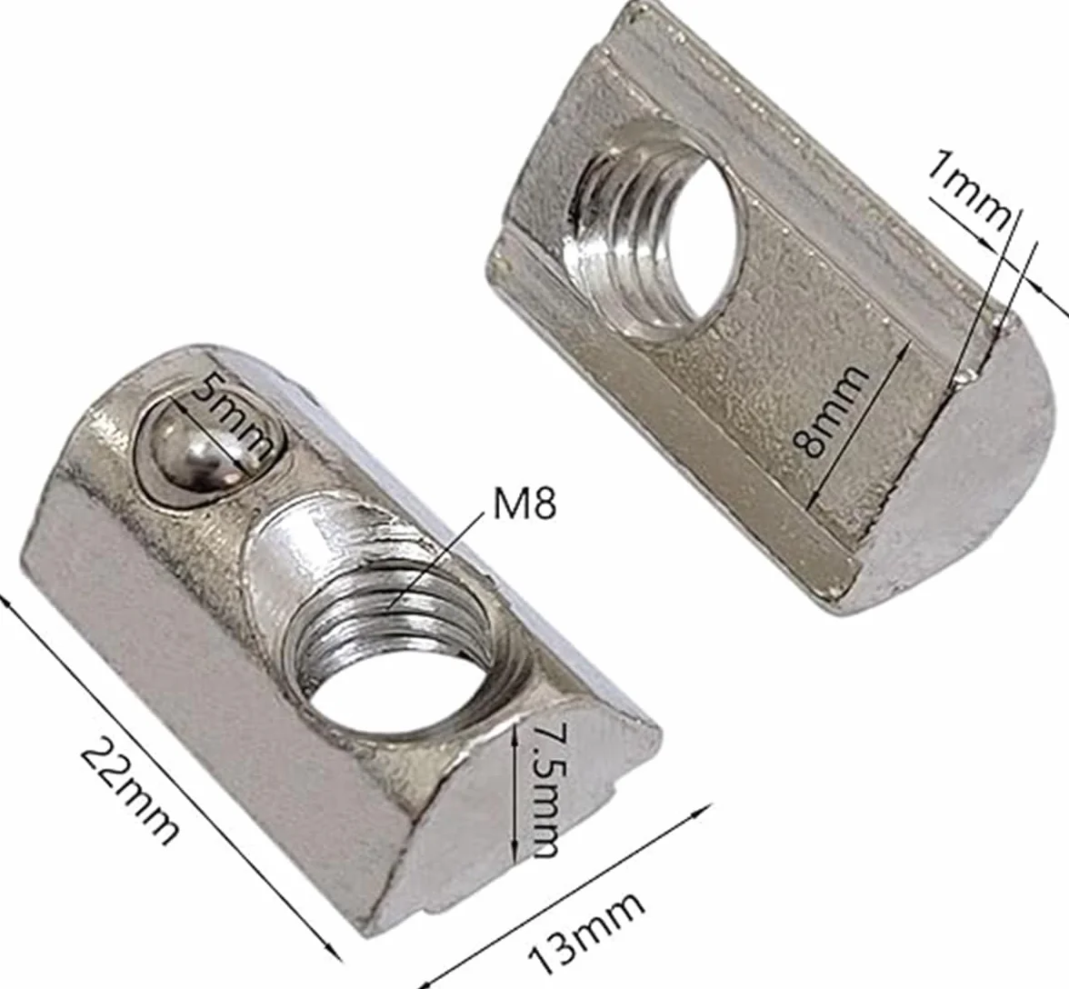 100 szt. sprężyna zwijana ze stali węglowej M8 T-Nuts profil nakrętki T-Slot nakrętki kulowe 8 pasują do europejskich standardów 4040 4080 serii aluminiowych profili 8 mm rowki