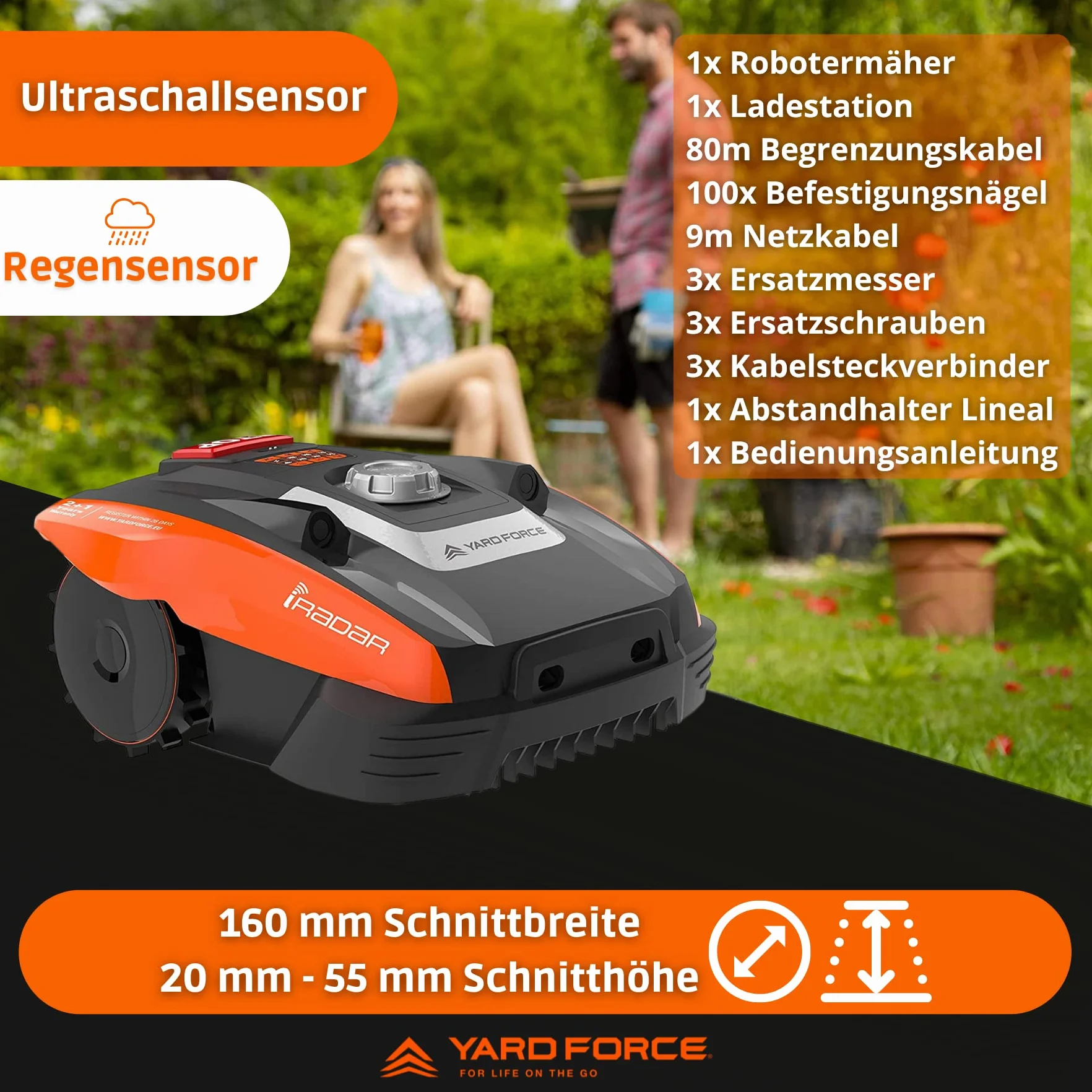 YARD FORCE Kosiarka Compact 300RBS samobieżna czujnik ultradźwiękowy iRadar Bluetooth silnik bezszczotkowy 20 V 2,0 Ah Czarna pomarańczowa