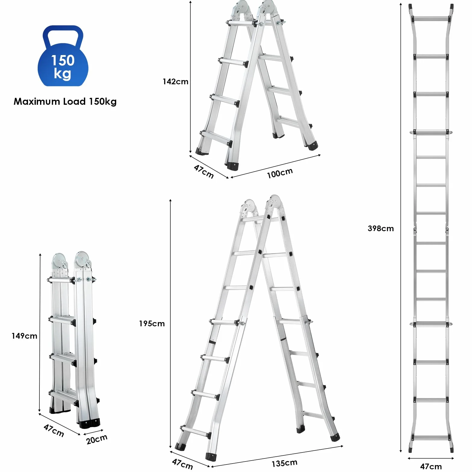 TLGREEN Aluminiowa drabina teleskopowa 4 x 3 stopnie, 3,98 m wysuwana drabina, aluminiowa drabina wielofunkcyjna, drabina przegubowa, drabina składana, drabina schodowa, drabina przystawna, drabina