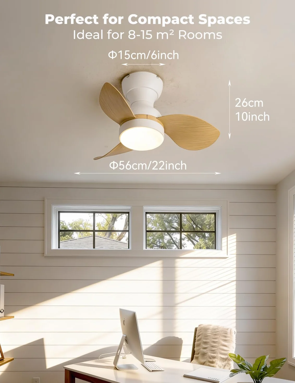 Ø56cm Mini wentylator sufitowy z lampą i pilotem zdalnego sterowania, mały wentylator sufitowy z oświetleniem, odwracalny tryb letni i zimowy, 6 biegów, cichy silnik DC, Biały + żyłkowanie