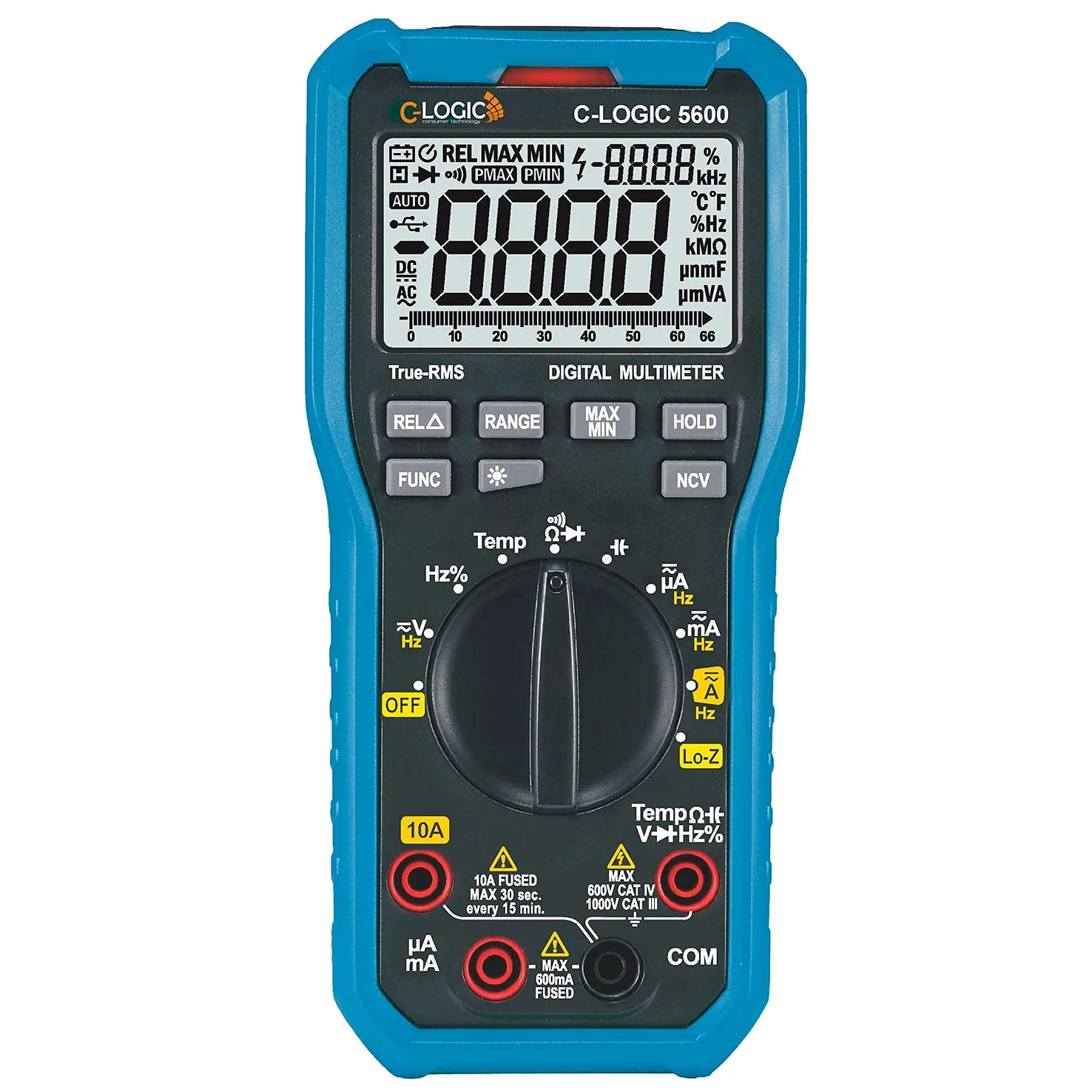 C-LOGIC 5600 Multimetr cyfrowy TRMS Low Z Niska Impedancja CAT IV 66000 kont NCV Napięcie DC/AC 1000V Prąd AC/DC 10A Odporność 66MΩ Temperatura Pojemność 66mF Częstotliwość Autoskala 66MHz