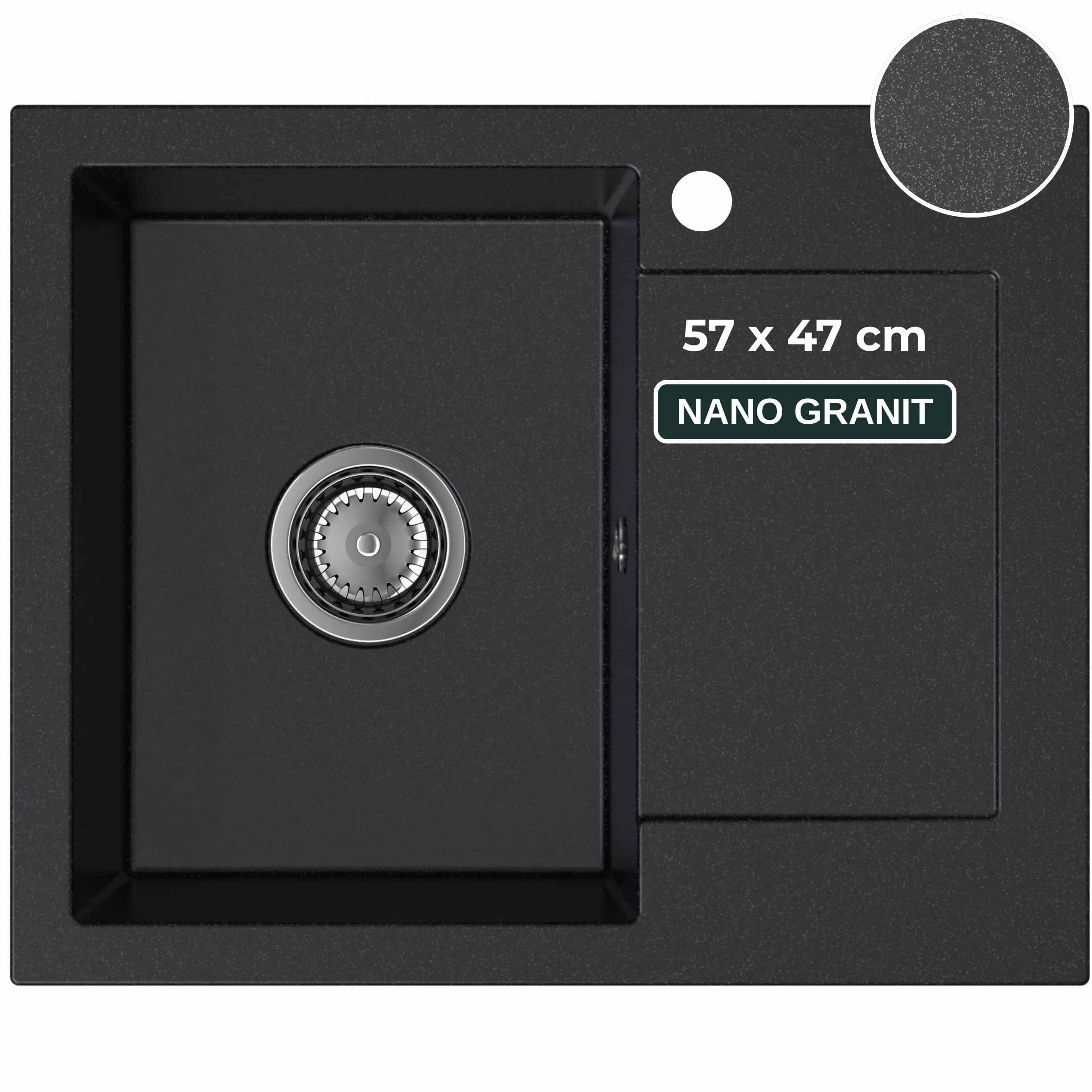 SINK QUALITY zlewozmywak granitowy czarny cętkowany 58 x 47 – zlewozmywak z syfonem i środkiem impregnującym – zlewozmywak kuchenny czarny nakrapiany z ociekaczem do szafki pod umywalkę 50