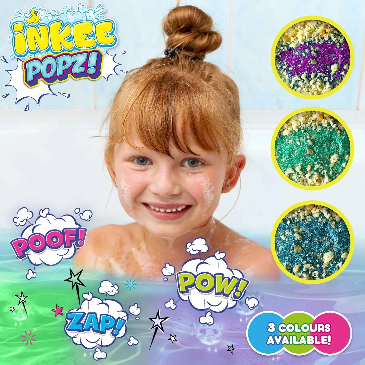 INKEE POPZ | Musująca Sól do Kąpieli dla Dzieci – Kolorowy Dodatek do Kąpieli w Różu, Niebieskim lub Zielonym z Olejem Migdałowym i Aromatem Popcornu, Saszetka 15g – Zabawa podczas Kąpieli