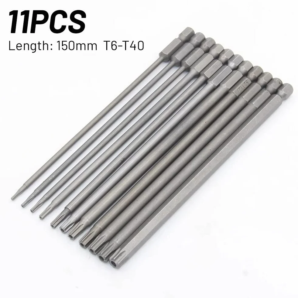 11 sztuk 150mm długi magnetyczny wkrętak torx bity z łbem płaskim sabotaż T6-T40 zestaw wierteł narzędzie ręczne do wkrętarki elektrycznej wiertarki