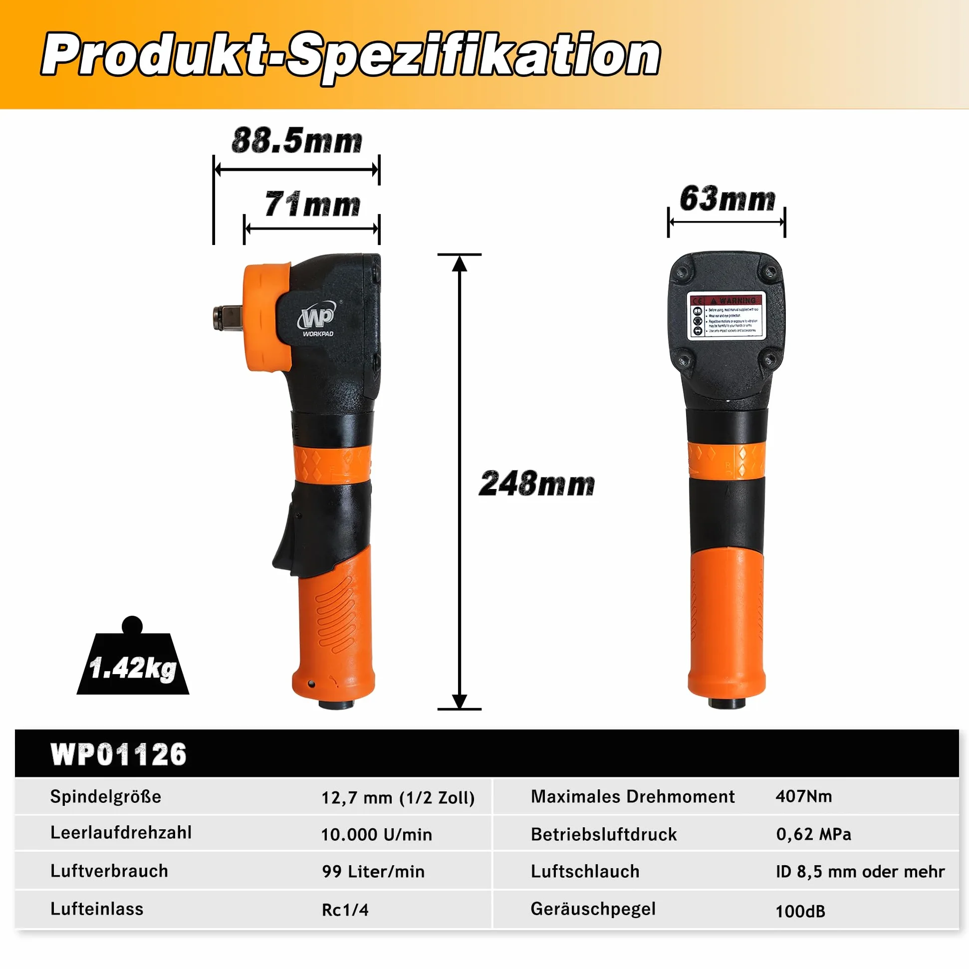 WORKPAD pneumatyczna wkrętarka udarowa, moment zwalniający 370 FT-LB, uchwyt o długości 25 cm, lekki młotek 1,4 kg z wysokim momentem obrotowym, klucz udarowy, sprężone powietrze.