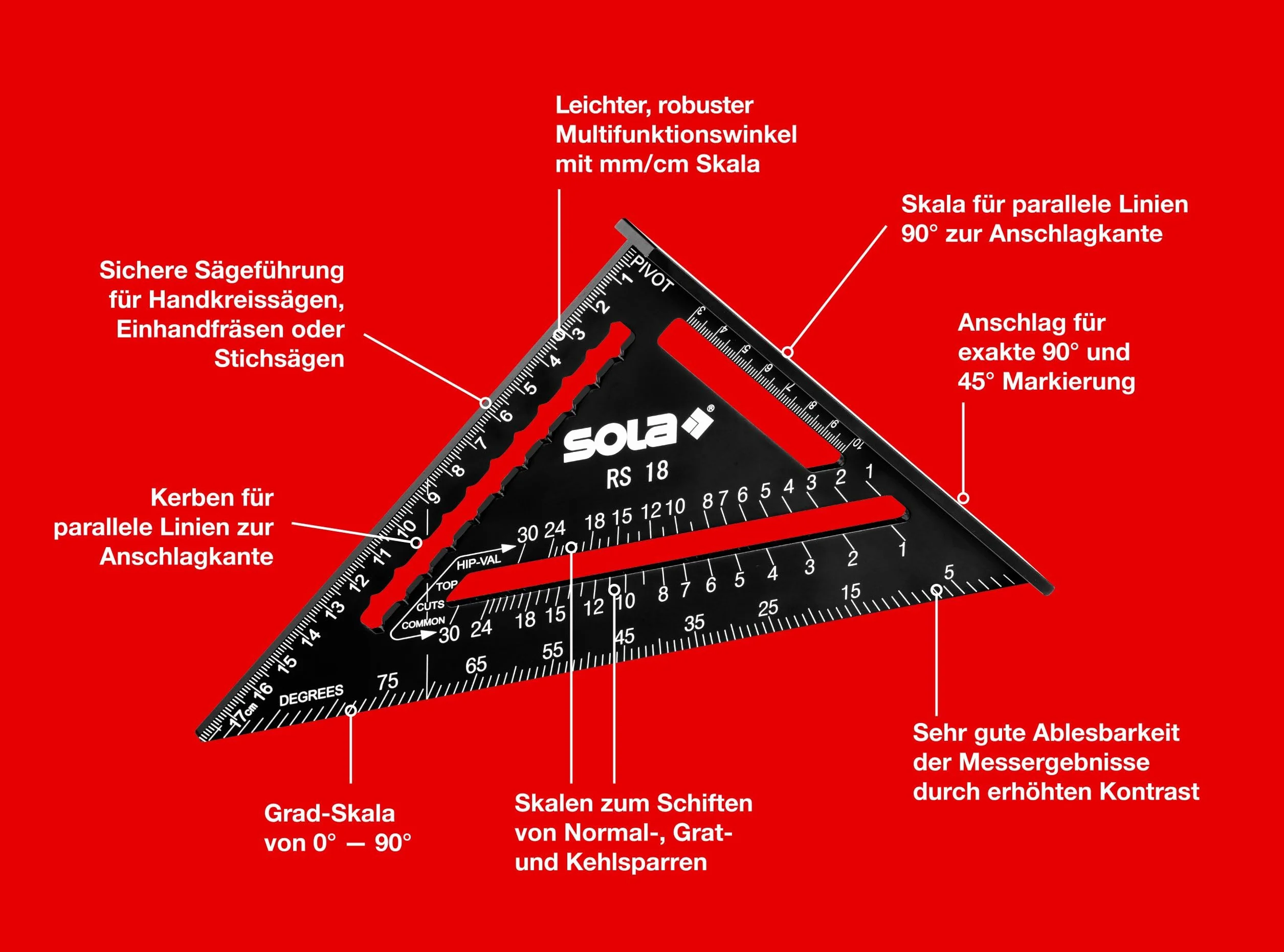 SOLA - RS 18-5w1 Kwadrat Stolarski 18 cm - Wytrzymały Aluminiowy Ze Skalą Metryczną - Kąt Wielofunkcyjny: Linijka, Ukośny, Kątomierz