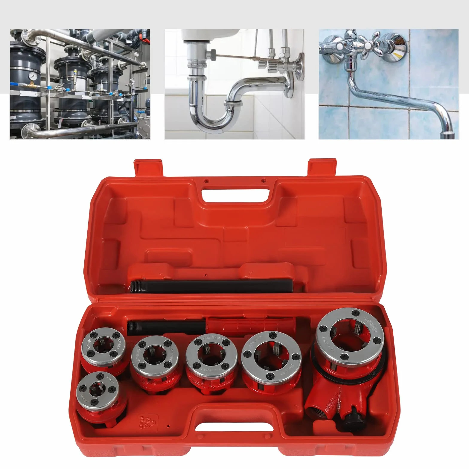 Zestaw gwintowników rurowych, gwintownik rurowy, zestaw zwojów do rur hydraulików, 6 matryc 1/4", 3/8", 1/2", 3/4", 1", 1-1/4"
