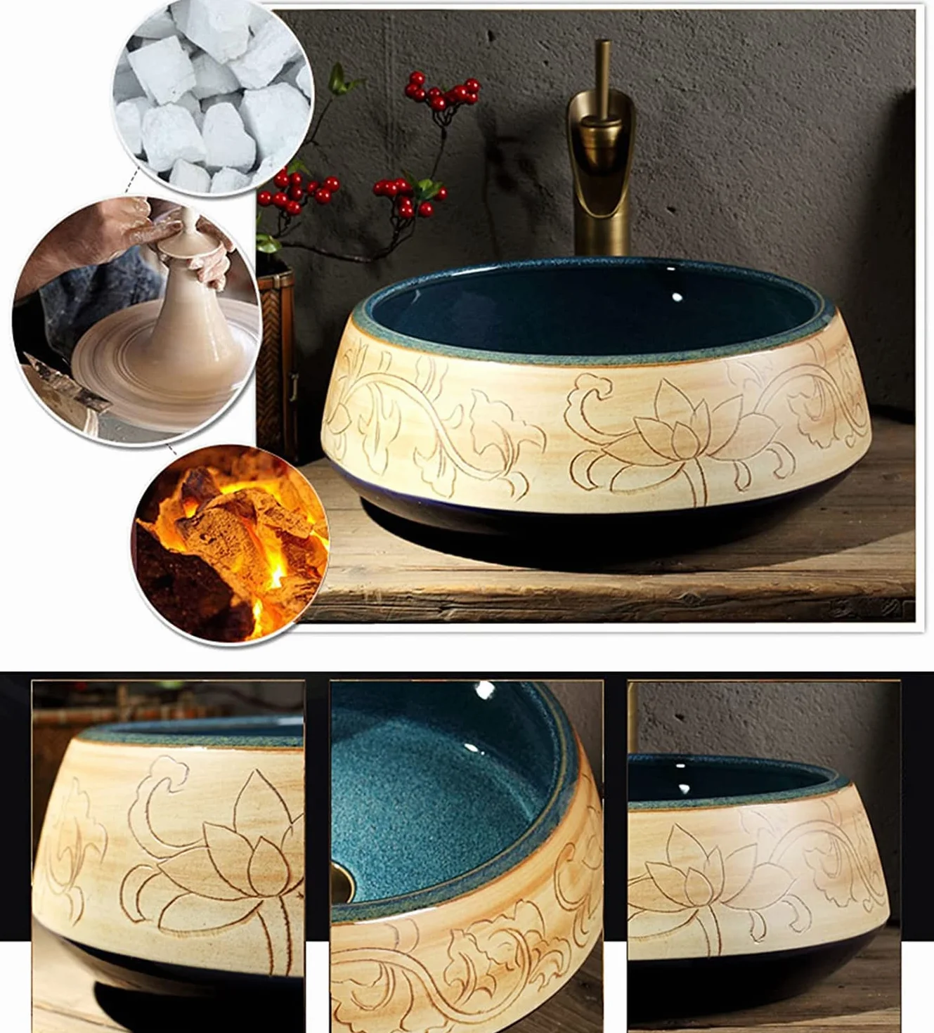 Ceramiczna Umywalka Łazienkowa, Ceramiczna Umywalka Nablatowa, Okrągła, Grawerowana Umywalka Łazienkowa, Artystyczna Umywalka Nablatowa 41 * 41 * 15 Cm, Minimalistyczna Umywal,Green Singlebasin