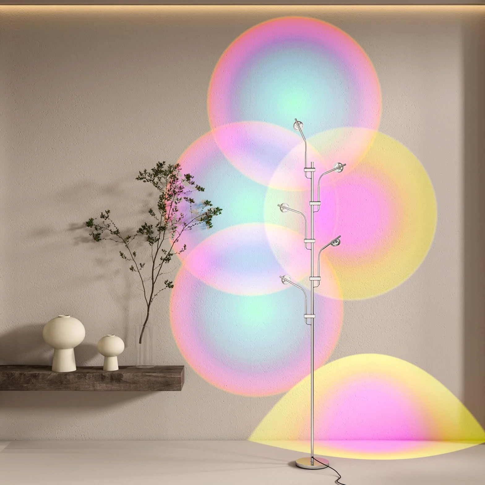 TACAHE Lampa podłogowa z projektorem RGBW Halo - 4000K LED z wymiennymi filtrami kolorów - światło i cień do tworzenia nastroju - wielogłowicowe oświetlenie dekoracyjne do sypialni, salonu - 185 cm