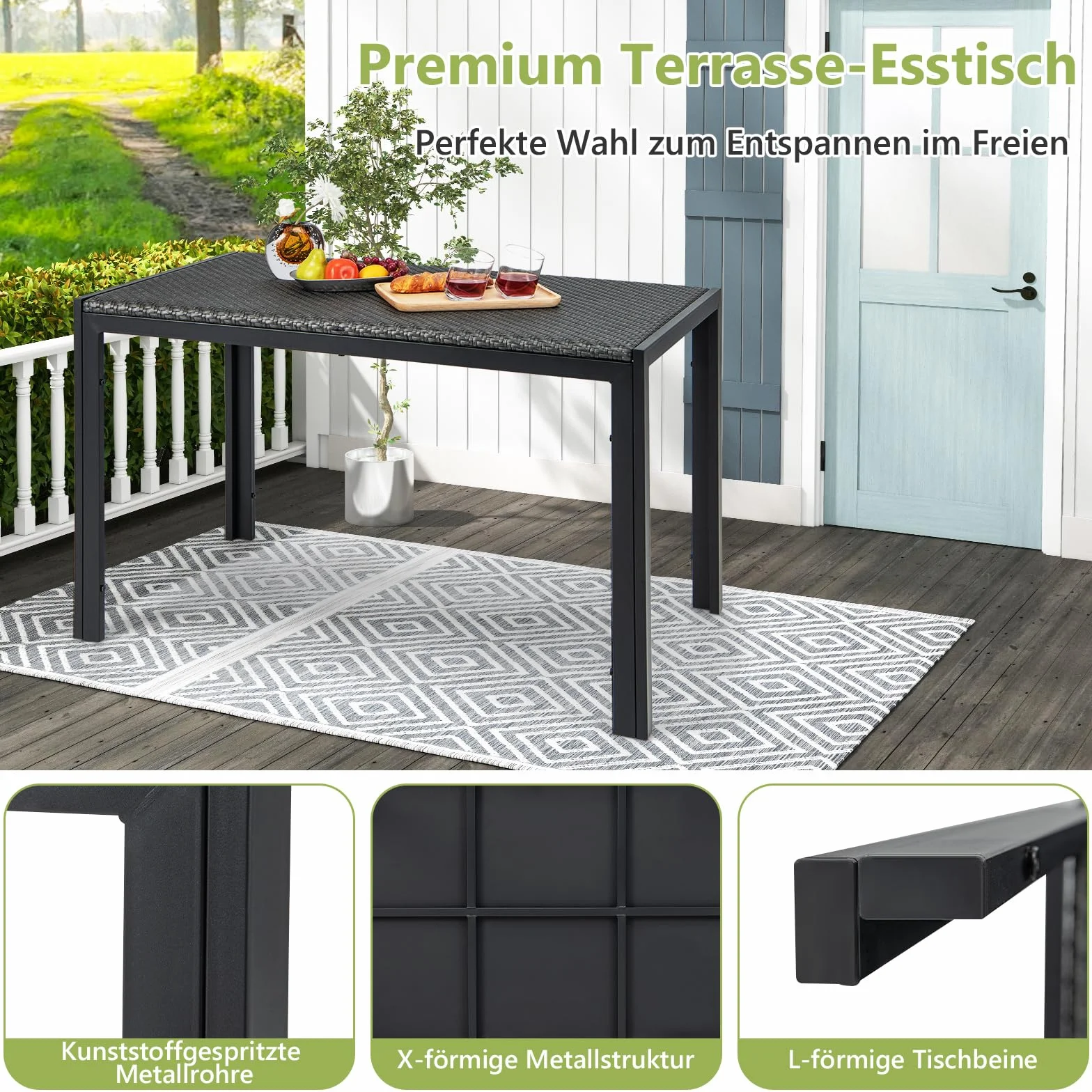 COSTWAY Stół ogrodowy rattanowy 120x71x72 cm prostokątny z metalową ramą
