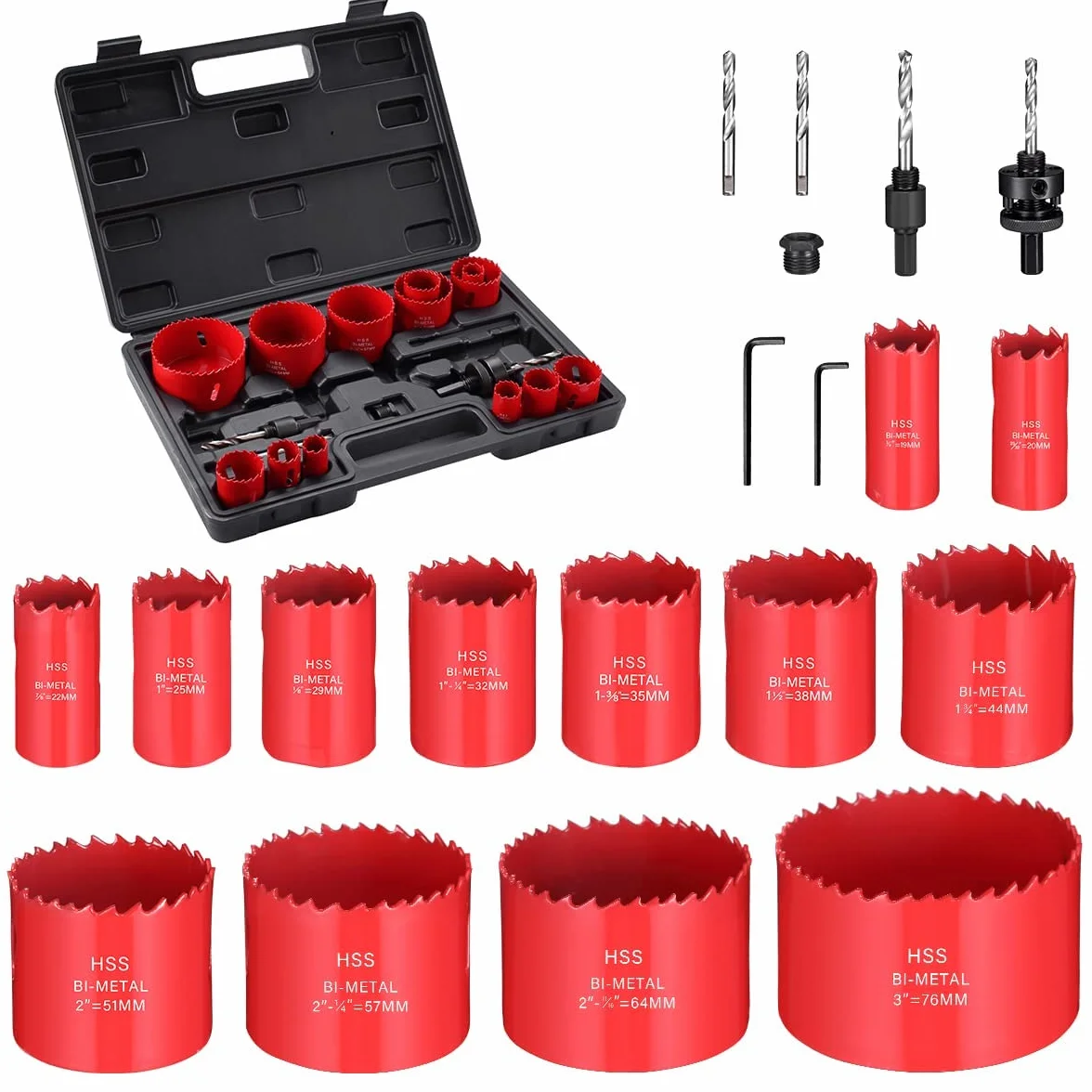 23-częściowy zestaw bimetalowych otwornic – zestaw frezów do stali szybkotnącej M42 (3/4" / 19 mm do 76 mm) do miękkiego metalu, sklejki, PCW, tworzywa sztucznego i miękkiego aluminium