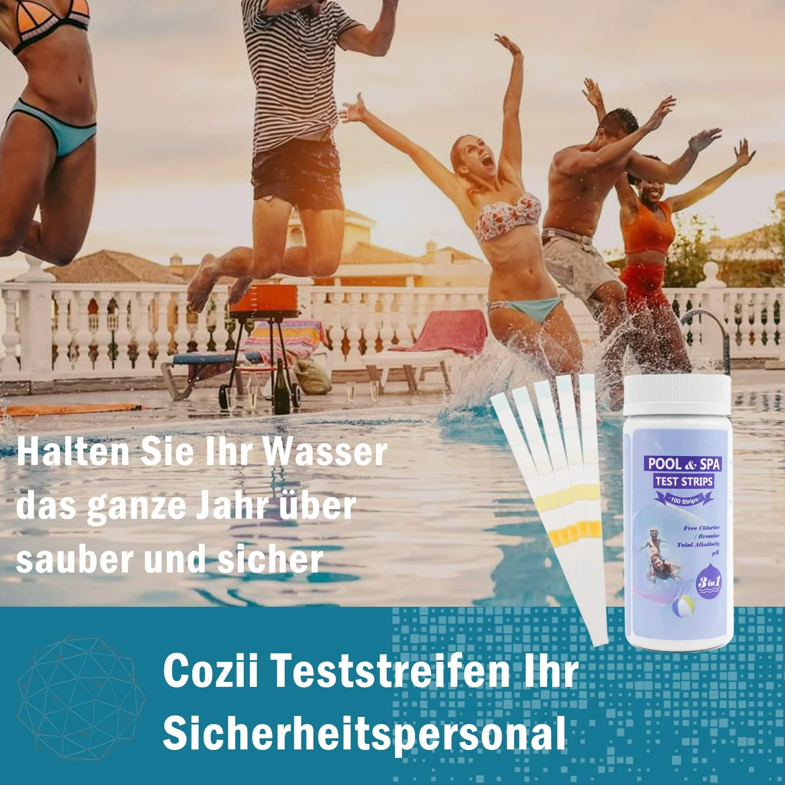 Paski testowe do basenów 3 w 1, tester pH, chlor, brom, zasadowość, zestaw do wody jacuzzi spa