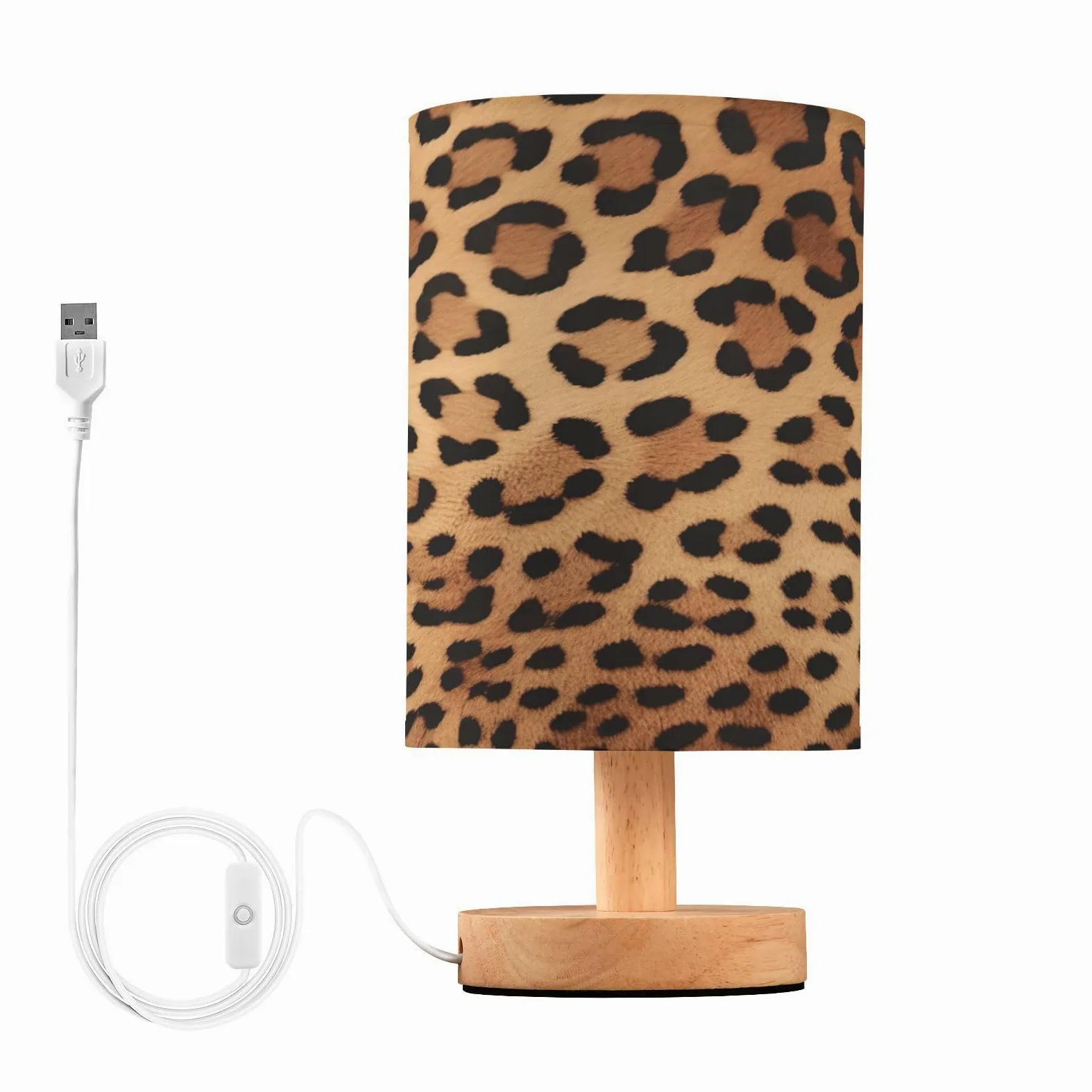 Lampa biurkowa LED USB z nadrukiem lamparta, mała lampka nocna z antypoślizgową drewnianą podstawą, cień, do salonu, sypialni, akademika, stylowe i funkcjonalne oświetlenie