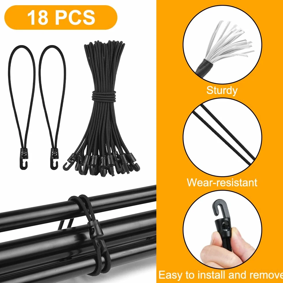 18 szt. sznurków bungee z haczykami, 25 cm, czarne, gumowe napinacze z haczykami, do lin kempingowych, plandeki, namiotów, markiz (czarne)