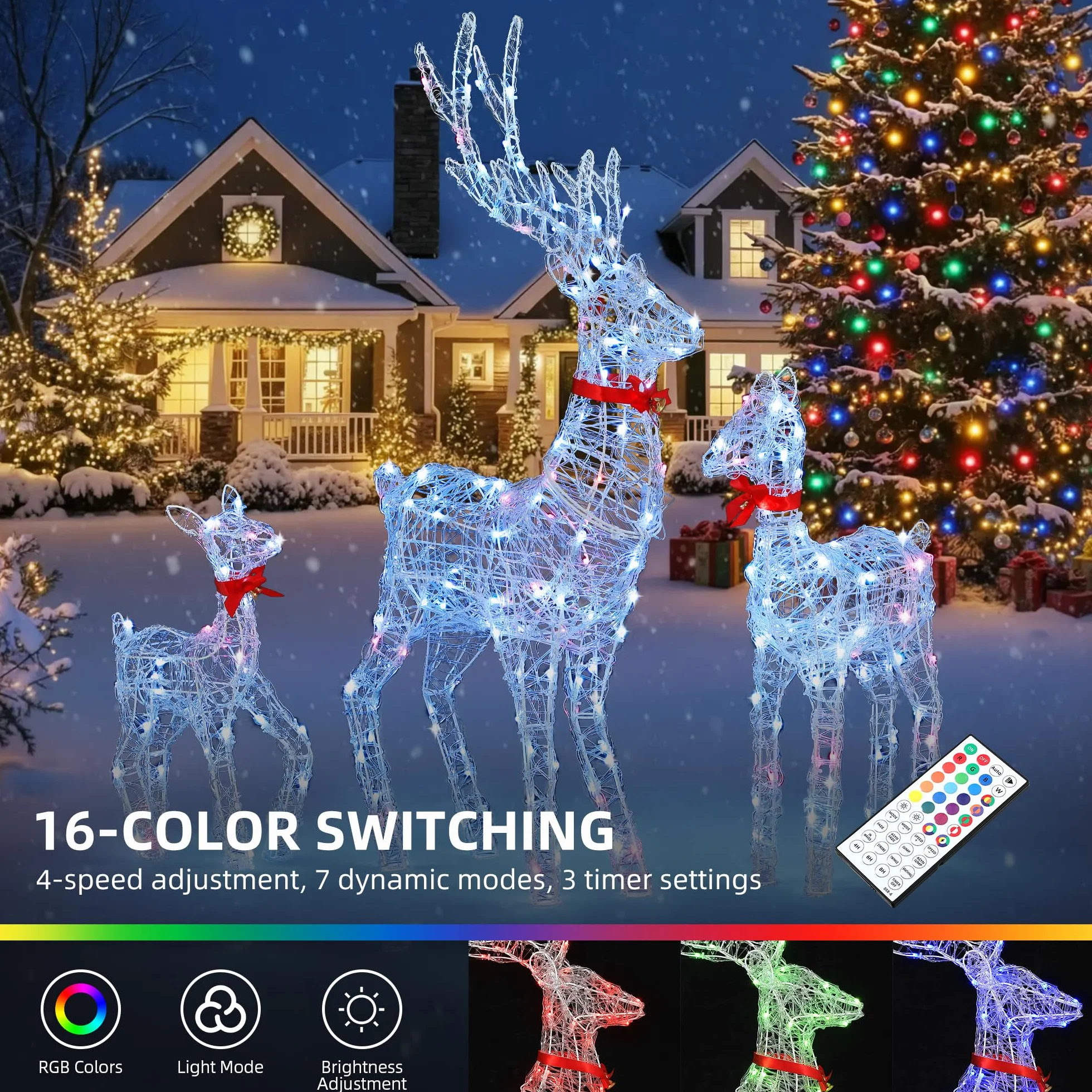 YITAHOME 3-częściowy zestaw LED reniferów, dekoracja bożonarodzeniowa z pilotem, 210 diod LED, 89 trybów