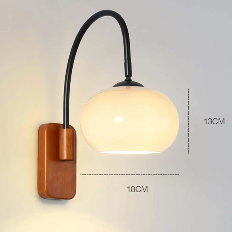 Drewniana lampa ścienna, regulowana, wewnętrzna, retro, ścienna lampa E27, obrotowa, vintage, industrialna lampka nocna z okrągłym szklanym kloszem, lampa ścienna do czytania, do sypialni, salonu, ho