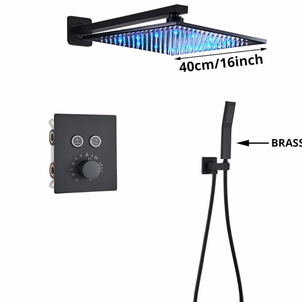 Luksusowa czarna bateria prysznicowa termostatyczna do łazienki deszczownica bateria ścienna do wanny zestaw prysznicowy ścienny A 3W 16" sufitowy,2-drożny 16-calowy