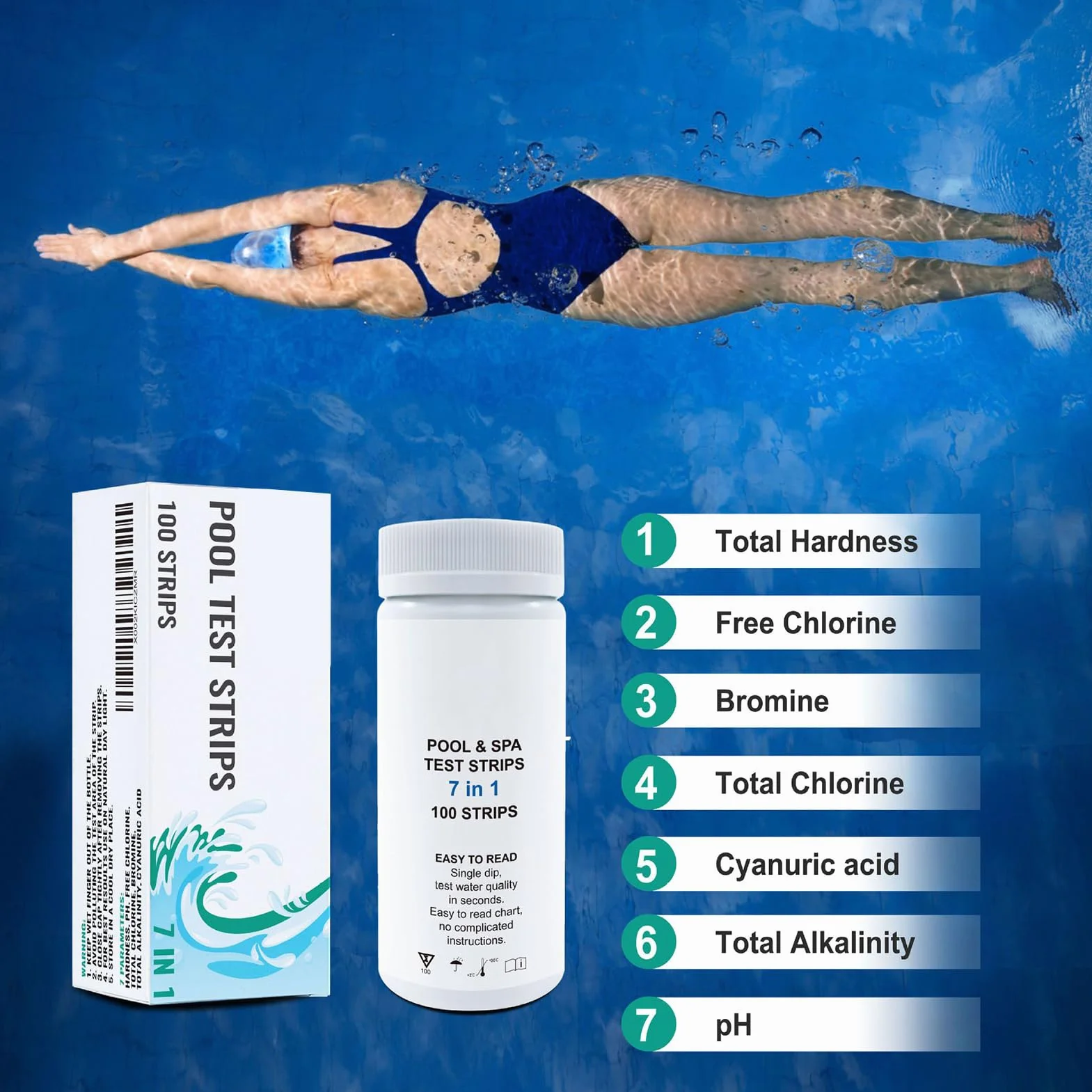 Pool Water Testing Strips, Water Quality Tester, 1.89x4.41in 100-Piece Quick and Simple to Use, Accurate Test for Homeowners, Swimmers, Hot Tub Users, Spa Owners, and Aquarium Enthusiasts