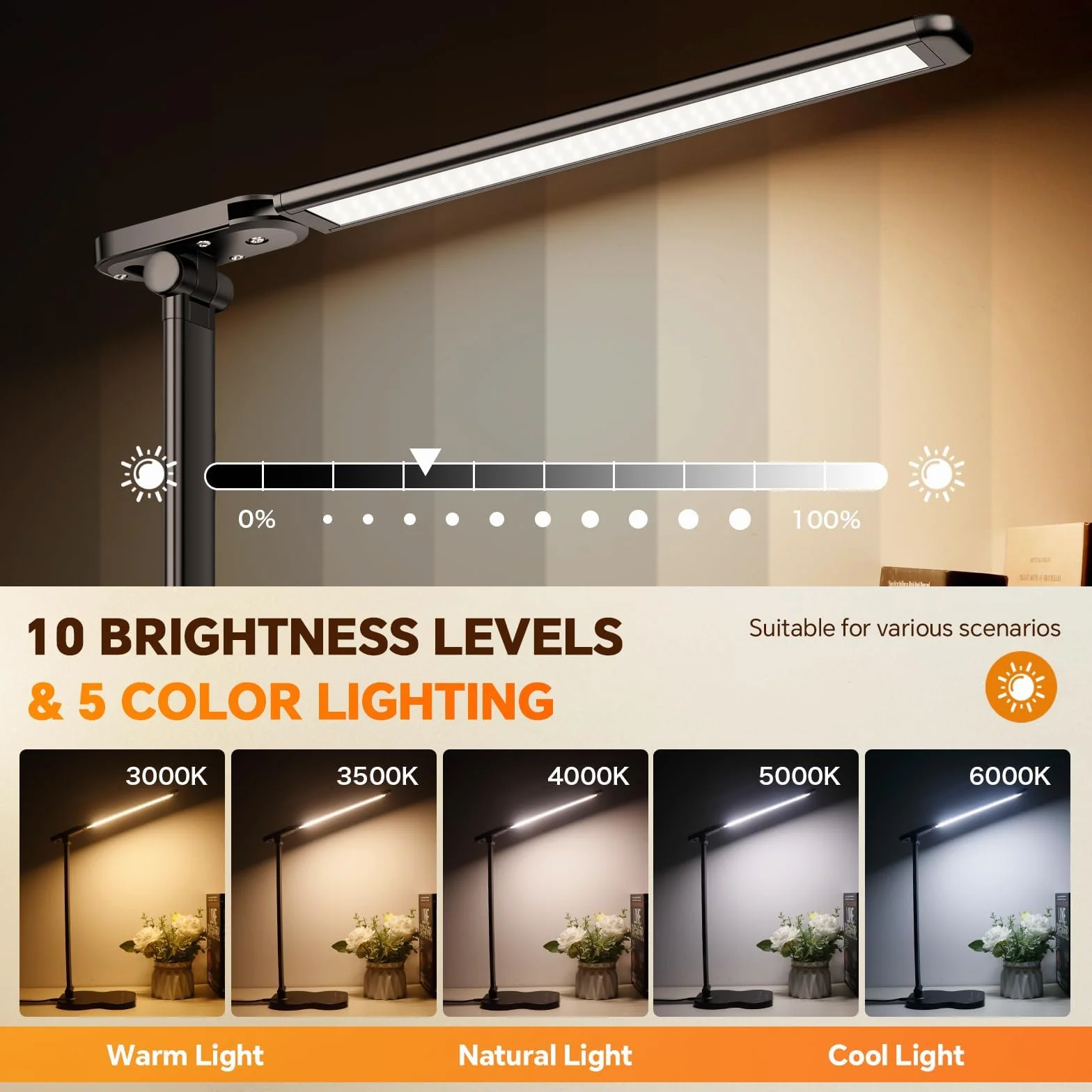 Caldarax Lampa biurkowa LED, lampa stołowa 5 kolorów i 10 poziomów jasności, port USB/minutnik/sterowanie dotykowe, ochrona oczu LED do czytania, pracy, nauki (czarna)
