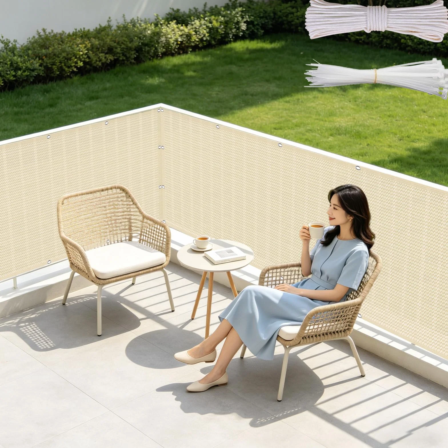 Zasłona Balkonowa 75 x 580 cm Z HDPE 220G M², Ochrona Przed Promieniowaniem Uv, Odporna Na Rozdarcia, Ogrodzenie Prywatności W Ogrodzie, Kolor kremowy